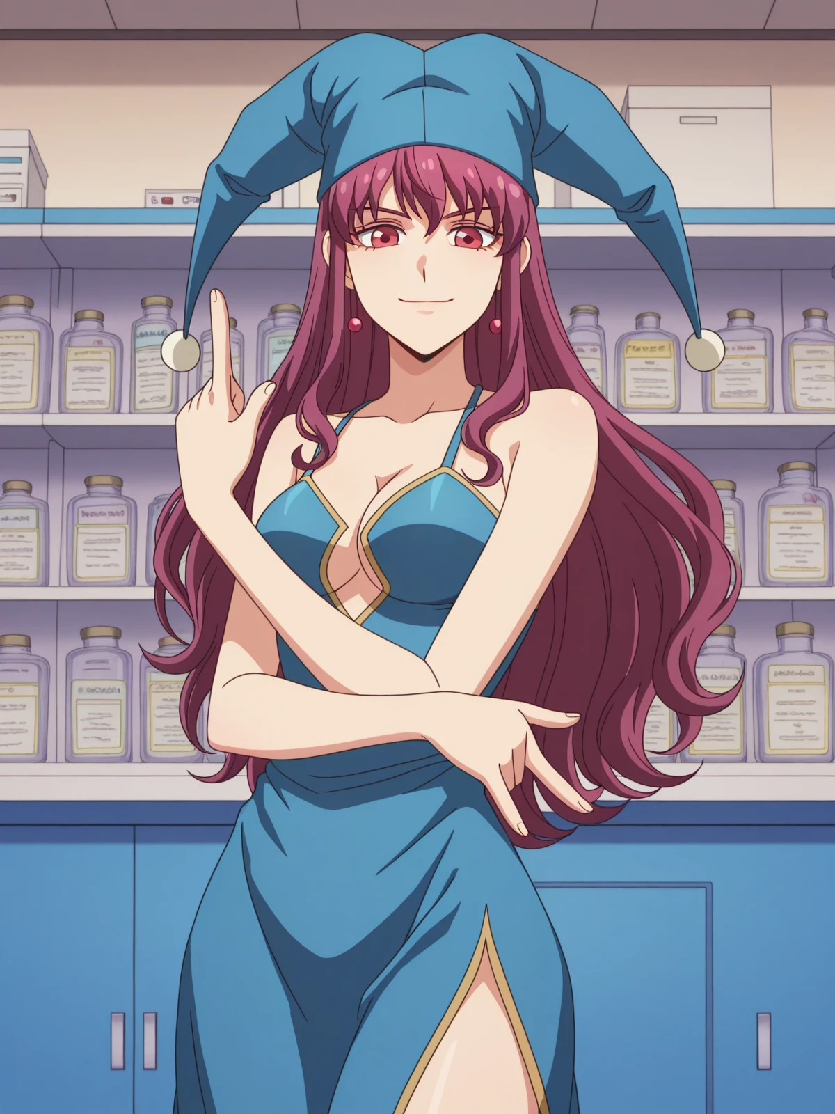 masterpiece, best quality, amazing quality,, <lora:kaibutsuoujo-witch-s1-illustriousxl-lora-nochekaiser:1>, witch, long hair, red eyes, purple hair, sidelocks, mature female, medium breasts, anime screencap, hat, dress, cleavage, dress, blue dress, sleeveless dress, collarbone, bare shoulders, sideslit, jester cap, <lora:kakyoin-noriakis-pose-illustriousxl-lora-nochekaiser:1>, kakyoin noriakis pose, kakyoin noriaki's pose (jojo), jojo pose, m/, pointing up, hands up, looking at viewer, smile, cowboy shot, pharmacy, medicine, shelves, counter, health, cowboy shot, solo, looking at viewer,