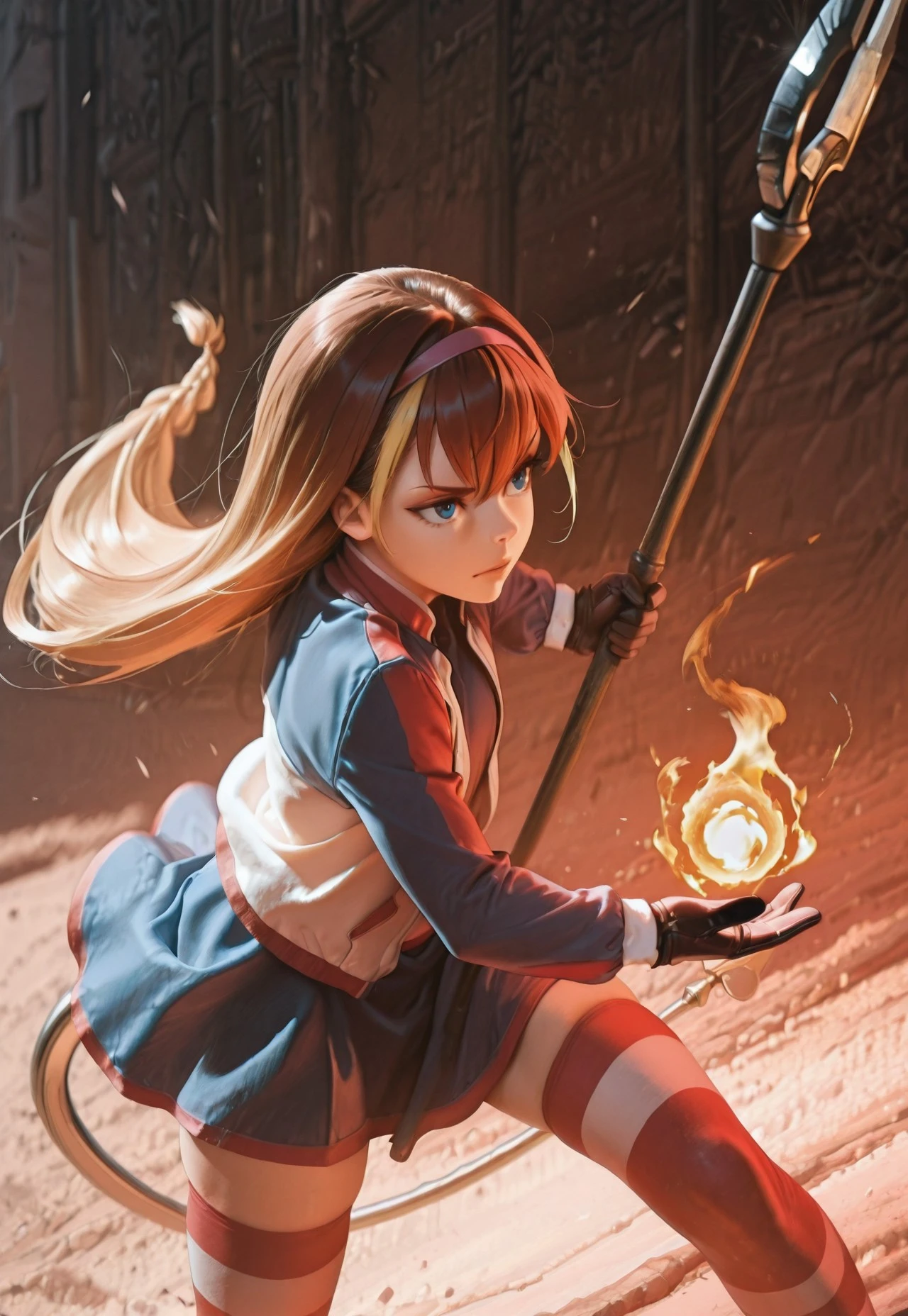 masterpiece, very aesthetic, absurdres, sinfully stylish, dramatic lighting, soft light, long shadows, detailed, ultra-detailed, masterpiece, very aesthetic, absurdres, perfect quality, absolutely eye-catching, best quality, intricate details, high-res,anime, 1girl, solo, blue eyes, multicolored hair, streaked hair, brown hair, blonde highlights, long hair, braid, mechanical tail, hairband, blue skirt, black gloves, striped thighhighs, jacket, staff holding wstaff, fireball, casting magic, battle stance, preparing for battle