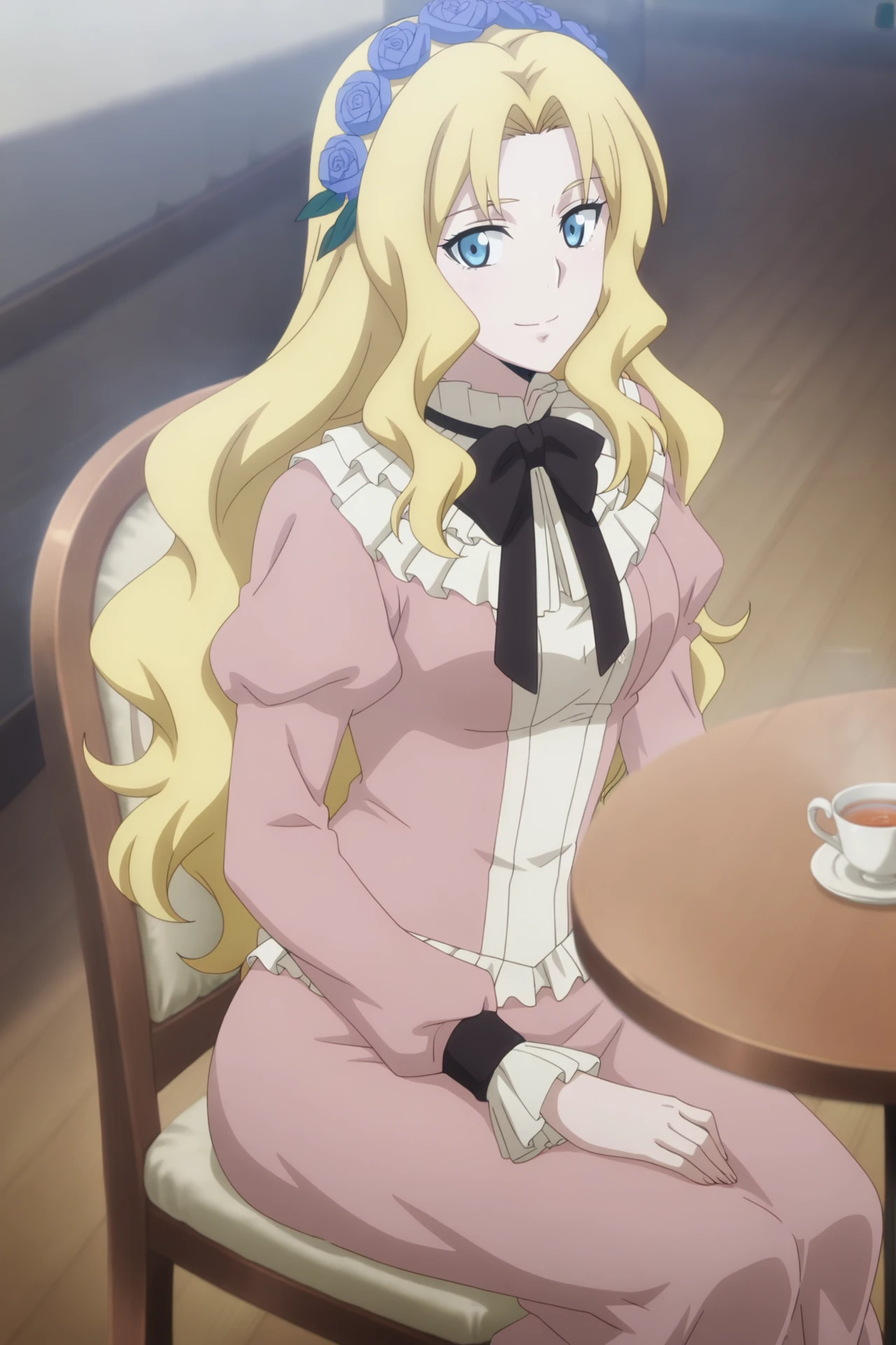 masterpiece, best quality, looking at viewers, cowboy shot,
<lora:Marrine_Kreische_PinkDress:.8> Marrine_Kreische_PinkDress, 1girl, solo, long hair, smile, blue eyes, blonde hair, long sleeves, hair ornament, puffy sleeves, hair flower, frilled sleeves, juliet sleeves, pink dress, puffy long sleeves, black bowtie, blue rose, anime coloring, parted bangs, hair intakes, pink shirt, high heels,sitting, chair, tea, table, cafe, hand on lap, frontal view,, <lora:anime_screencap:1> anime screencap, anime coloring, 2d, anime style