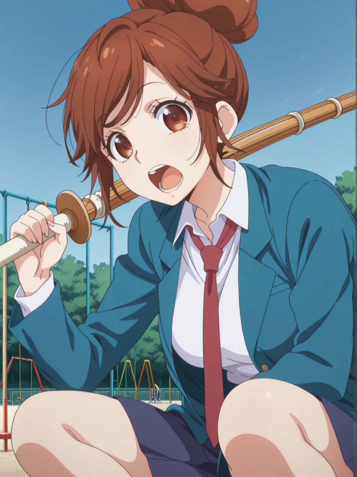 masterpiece, best quality, amazing quality,, <lora:natsuki-enomoto-movie-illustriousxl-lora-nochekaiser:1>, natsuki enomoto, short hair, brown hair, brown eyes, hair bun, single hair bun, swept bangs, mature female, medium breasts, anime screencap, skirt, jacket, pleated skirt, necktie, blazer, blue blazer, shirt, white shirt, collared shirt, red necktie, blue skirt,, <lora:slav-squatting-illustriousxl-lora-nochekaiser:1>, slav squatting, solo, looking at viewer, open mouth, holding, weapon, teeth, sword, holding weapon, holding sword, squatting, over shoulder, weapon over shoulder, wooden sword, shinai, bokken,, public park, playground, swing set, laughter, sunny day, cowboy shot, solo, looking at viewer,
