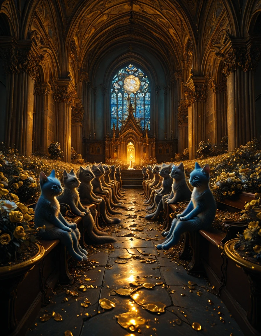 <lora:Gold_dream_ill:0.8> gdv1, gold, blue, glow, group of singing gold and blue kitten in a church, flowers,