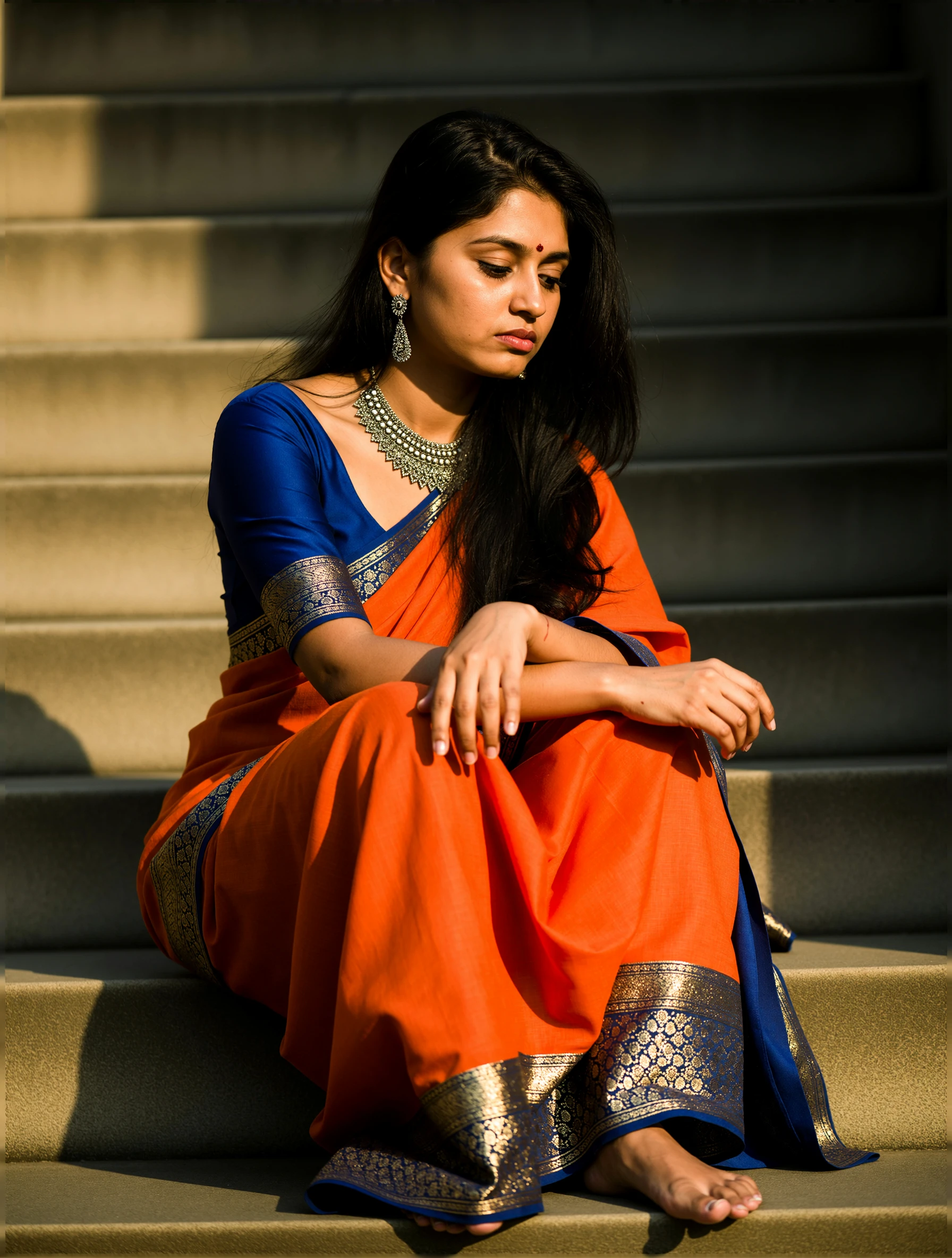 The young South Asian woman sits on weathered stone steps, her posture relaxed yet poised. Her dark hair falls in loose waves around her shoulders, strands catching the soft glow of natural light as she leans slightly forward, fingers resting on her knees. A vibrant sari drapes over her hips, its fabric a riot of saffron and indigo, threaded with gold embroidery that glints like scattered sunlight. Around her neck hangs a heavy silver necklace adorned with tiny, faceted stones, and delicate earrings dangle from her ears, catching the light as she shifts. Her expression is neutral, eyes half-lidded, lips parted slightlyâa quiet moment of contemplation. A thin scar runs along her inner forearm, faint but visible, adding texture to her otherwise smooth skin.
Mid shot frames her upper torso and one leg, the camera angle tilted slightly upward to emphasize her presence against the backdrop of the steps. Natural light spills in from the left, casting sharp shadows across her face and highlighting the intricate patterns of her jewelry. The steps themselves are worn, their edges softened by years of use, with a faint sheen from morning dew. Her sariâs colors seem to pulse under the sunâs angle, while the necklace catches fleeting glints as she moves. The air feels still, save for the faint rustle of fabric as she shifts, and the soft contrast between her skinâs warmth and the cool stone beneath her adds depth to the scene.
Realistic photographic style captures every detail with sharp clarity, prioritizing texturesârough stone, smooth metal, the delicate weave of her sari. The lighting is unposed, natural yet dramatic, emphasizing the interplay of light and shadow across her features. Focus stays locked on her face and hands, with the steps fading into a soft blur in the background. The atmosphere is intimate, almost voyeuristic, as if the camera lingers just a moment too long, capturing the quiet tension between stillness and movement. Her jewelry glows faintly, as though charged by the light, while the sariâs colors feel almost alive, vibrating with the warmth of the day.