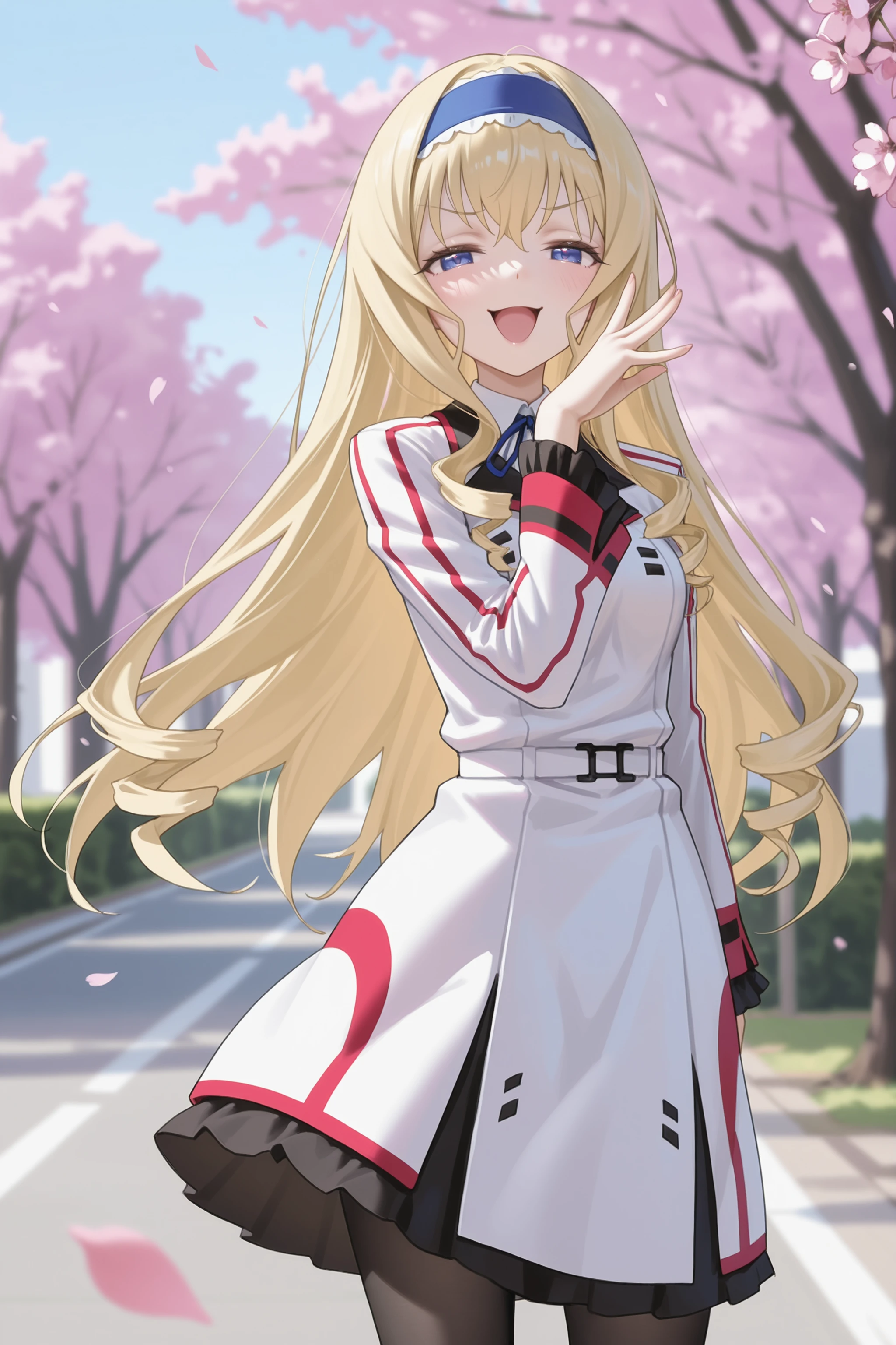 1girl, cecilia alcott, blue hairband, solo, blue neck ribbon, infinite stratos academy school uniform, black pantyhose, looking at viewer, smug, open mouth, naughty face, ojou-sama pose, standing, cowboy shot, outdoors, street, cherry blossoms, petals, depth of field <lora:Char-IS-Cecilia-V1-IL:0.9:hr=0.6>, (fkey:0.5), (fuzichoco:0.6), ningen mame, sho lwlw, (rhasta:0.9), (wlop:0.7), (ke-ta:0.6), chen bin, (hyouuma:0.8)
masterpiece, best quality, amazing quality, very aesthetic, absurdres, newest, (scenery, volumetric lighting)