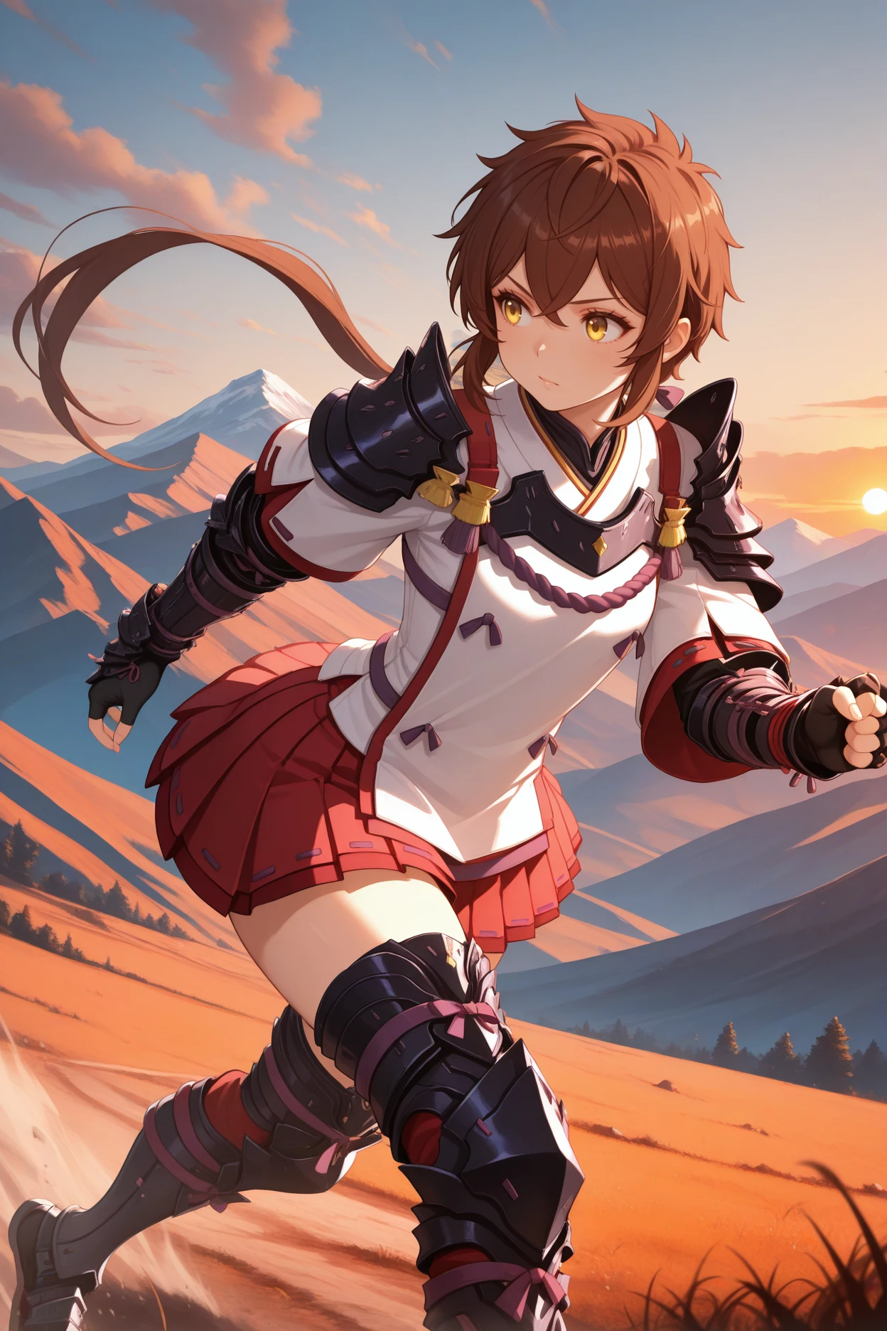 masterpiece, best quality, 1girl, solo, <lora:xclora-illu-nvwls-v1-000006:1> xclo, brown hair, low ponytail, hair between eyes, yellow eyes, black armor, shoulder armor, gauntlets, white tunic, ribbon trim, short sleeves, red skirt, pleated skirt, miniskirt, black gloves, fingerless gloves, elbow gloves, black thighhighs, armored boots, running, dynamic pose, looking to the side, sunset, mountainous horizon, wasteland