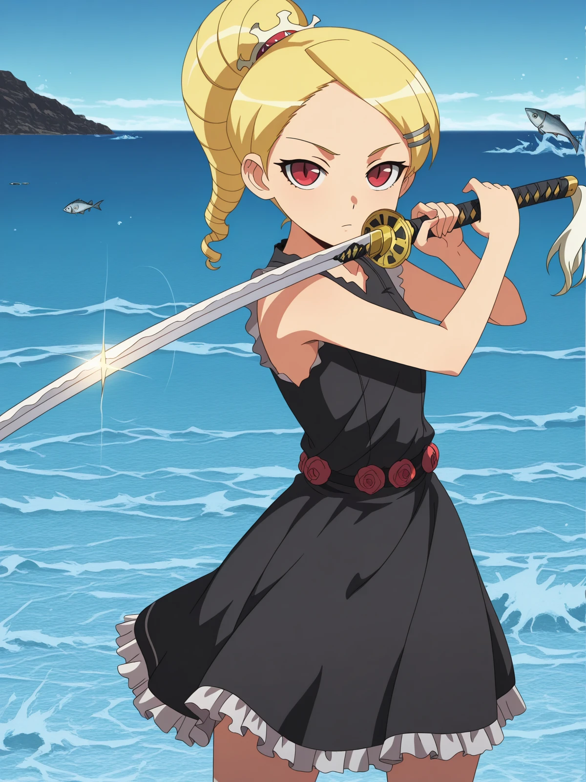 masterpiece, best quality, amazing quality,, <lora:kaibutsuoujo-sherwood-s1-illustriousxl-lora-nochekaiser:1>, sherwood, blonde hair, hair ornament, red eyes, ponytail, hairclip, drill hair, anime screencap, dress, flower, black dress, black dress, skirt, frilled skirt, black skirt, sleeveless, sleeveless dress, <lora:sword-guard-stance-illustriousxl-lora-nochekaiser:1>, sword guard stance, sword, weapon, solo, katana, holding, holding weapon, holding sword, looking at viewer, cowboy shot,, ocean, waves, saltwater, fish, vast, cowboy shot, solo, looking at viewer,