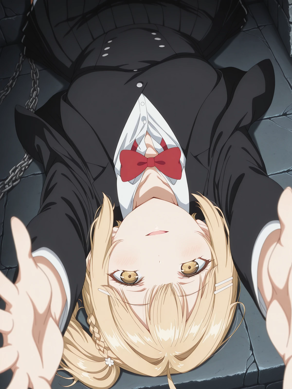 masterpiece, best quality, amazing quality,, <lora:nonoa-miyamae-s1-illustriousxl-lora-nochekaiser:1>, nonoa miyamae, blonde hair, short hair, side ponytail, one side up, braid, hair ornament, yellow eyes, ahoge, hair clip, hair intakes, mature female, small breasts, anime screencap, shirt, bow, jacket, white shirt, collared shirt, bowtie, red bow, blazer, red bowtie, black skirt, pleated skirt,, <lora:upside-down-reaching-towards-viewer-illustriousxl-lora-nochekaiser:1>, upside-down reaching towards viewer, solo, looking at viewer, blush, smile, open mouth, parted lips, lying, on back, blurry, depth of field, outstretched arms, blurry foreground, reaching, reaching towards viewer, upside-down,, dungeon, stone_walls, chains, torches, dark, cowboy shot, solo, looking at viewer,