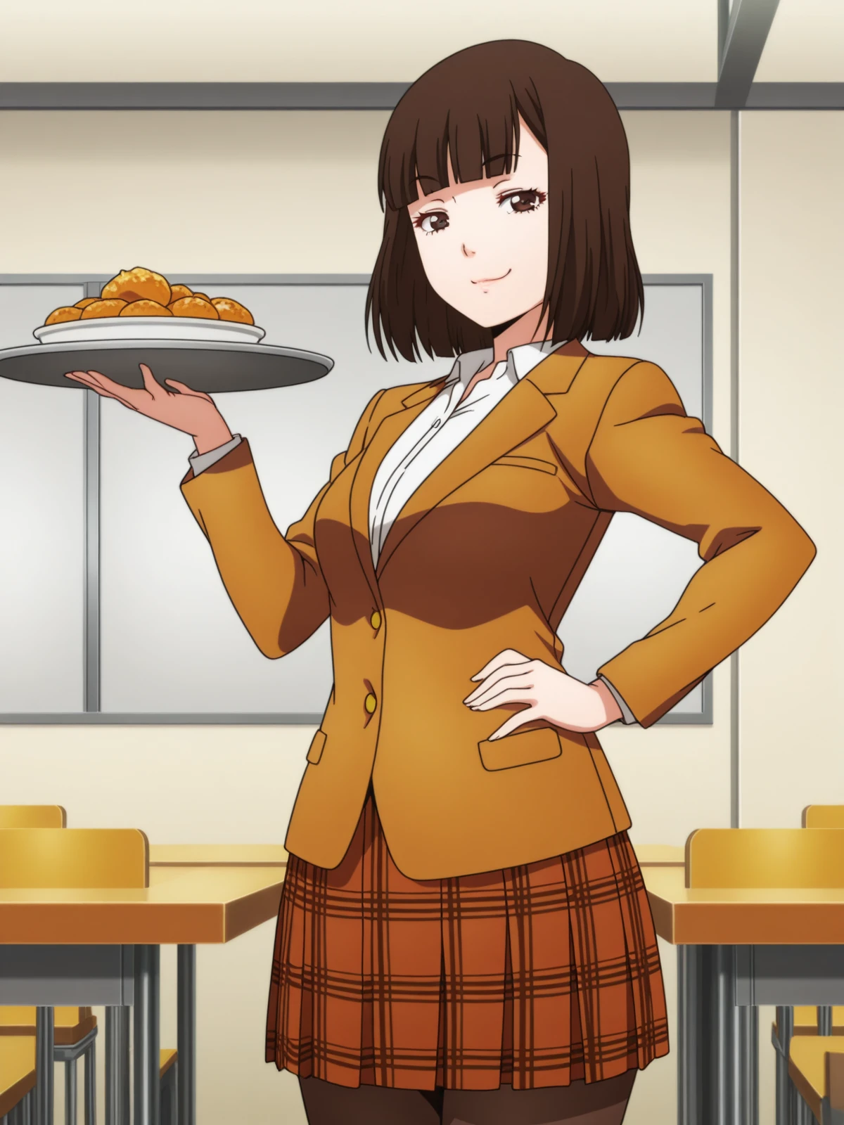 masterpiece, best quality, amazing quality,, <lora:chiyo-kurihara-s1-illustriousxl-lora-nochekaiser:1>, chiyo kurihara, brown hair, brown eyes, short hair, bangs, blunt bangs, mature female, medium breasts, anime screencap, skirt, jacket, pantyhose, plaid, plaid skirt, blazer,, smug, hand on own hip,, cafeteria, tables, food_trays, chairs, line, cowboy shot, solo, looking at viewer,