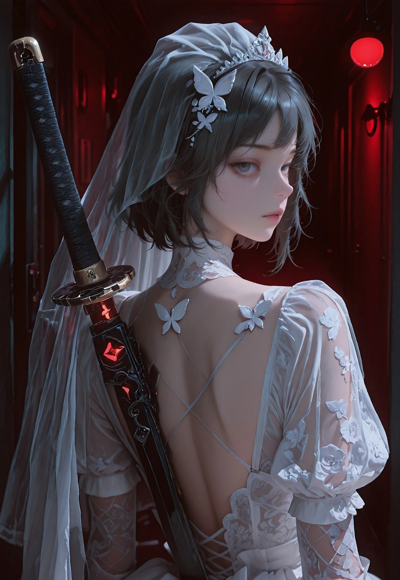 flat color, no lineart, blending, negative space,detailed,Hyperrealistic,cinematic light,
BREAK
,yugo,1girl,solo,20years old girl,tall,slender,svelte,
BREAK
,dark gray eyes, flat breast,medium hair, dark gray hair,ruthless expression,smudged eye shadow,
BREAK
,white wedding dress with lace and floral patterns, revealing cleavage, white wedding veil with, butterfly hair accessory, delicate white fishnet gloves,high-tech kanata,red light katana,(katana on the back:1.5),
BREAK
,holding katana hilt,(looking at the viewer:1.5),
BREAK
,red alarm lights,dark,corridor,
BREAK
,back view,upper body,side face,
BREAK
,masterpiece, best quality, very aesthetic, newest,