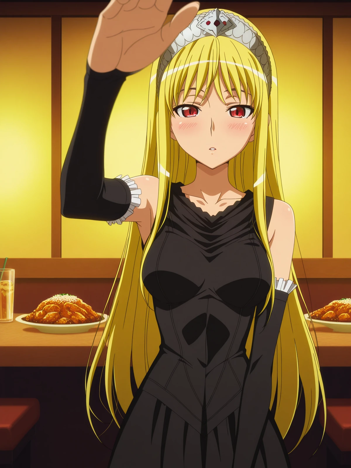 masterpiece, best quality, amazing quality,, <lora:kaibutsuoujo-liliane-s1-illustriousxl-lora-nochekaiser:1>, liliane, long hair, blonde hair, red eyes, very long hair, tiara, mature female, medium breasts, anime screencap, gloves, dress, detached sleeves, elbow gloves, black dress, bare shoulders, sleeveless dress, collarbone, long skirt,, <lora:incoming-headpat-illustriousxl-lora-nochekaiser:1>, incoming headpat, headpat, pov, outstretched arm, reaching, reaching towards viewer, looking at viewer, parted lips, blush, restaurant, laughter, good food, warm lighting, celebration, cowboy shot, solo, looking at viewer,