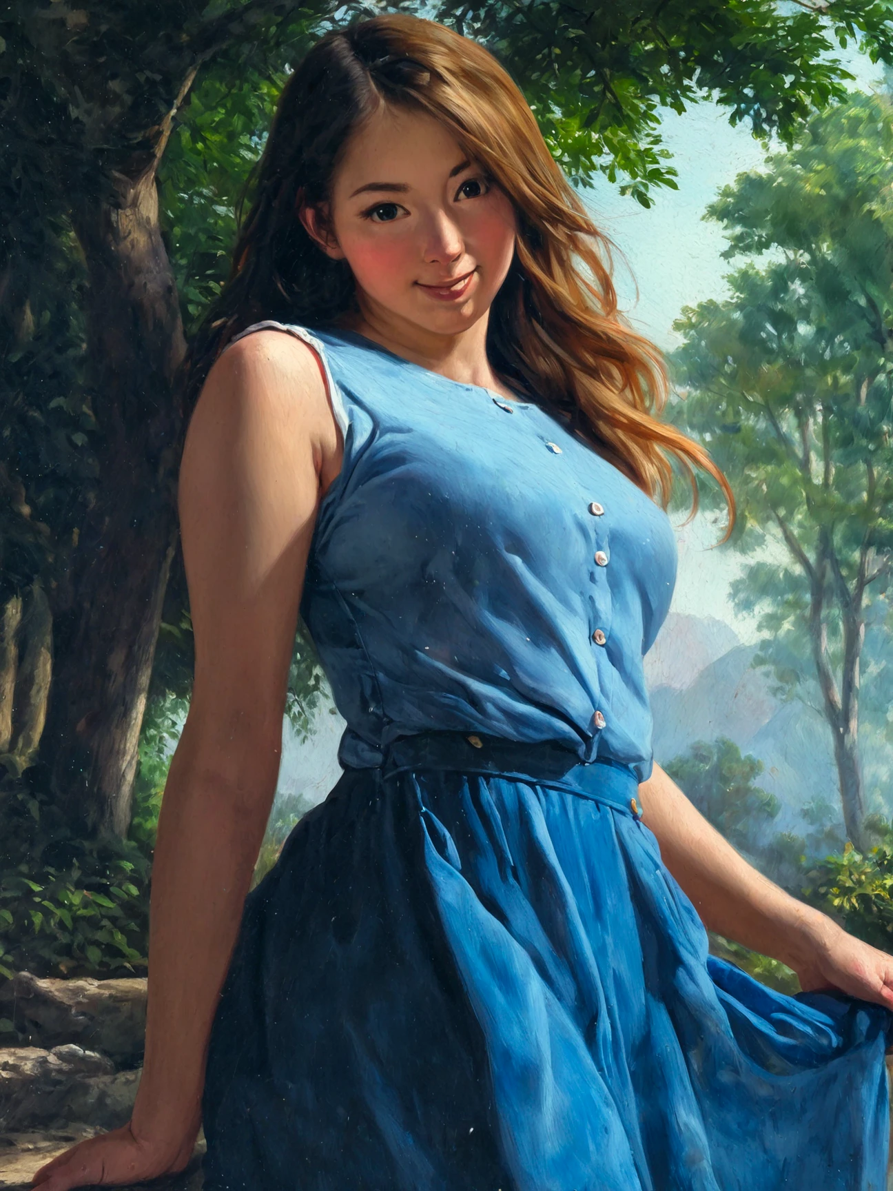 masterpiece, best quality, absurdres, highres, safe, 1girl, solo, smile, sleeveless shirt, nature, oil painting, traditional medium