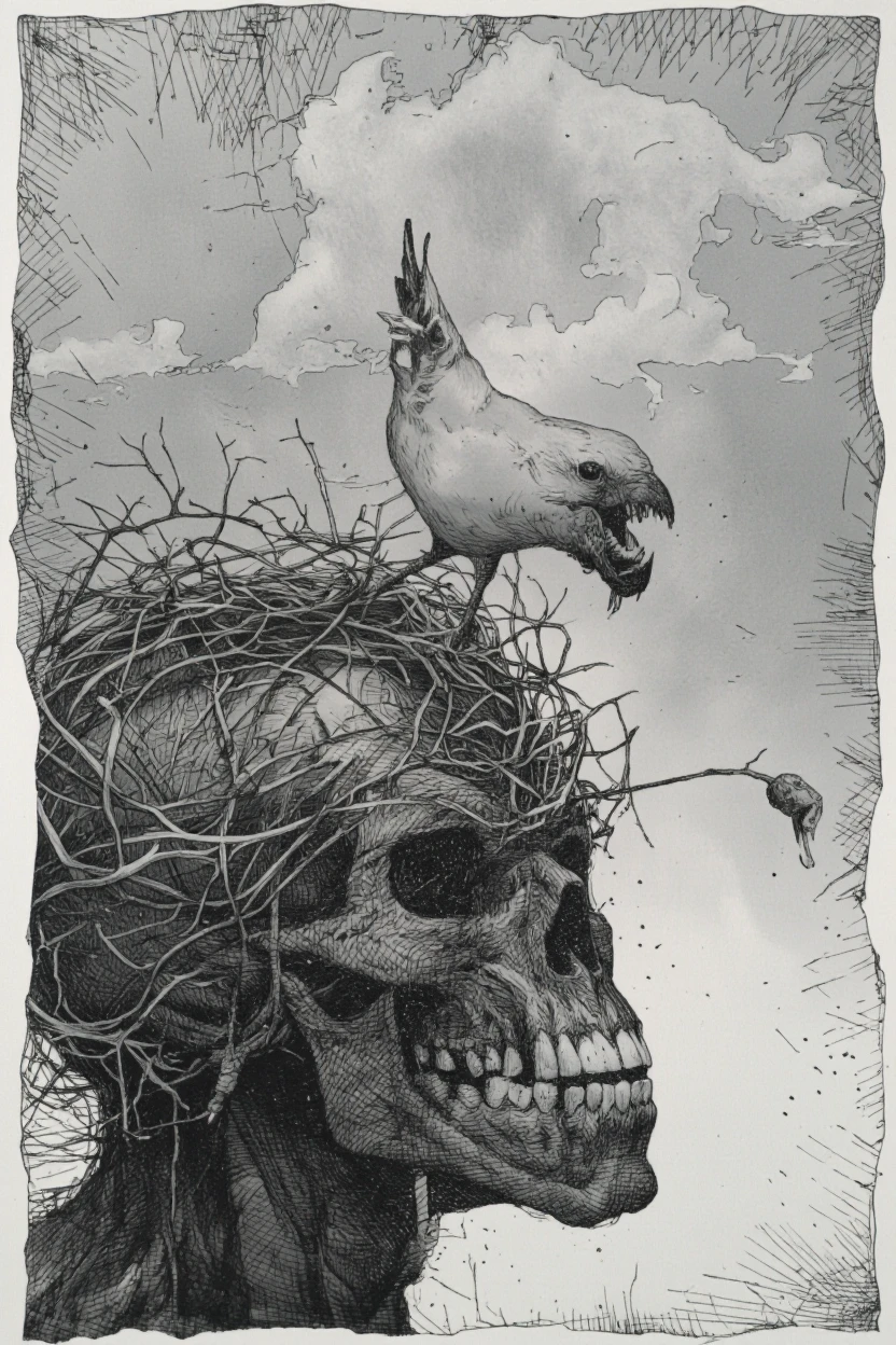 RyOtt style. A surreal digital illustration featuring a skull with a crown of twigs on its head and a small bird perched on top. The skull has a menacing expression with sharp teeth and a wide, toothy grin. The background is a stark, greyish-white gradient with a few wispy clouds. The bird is perched atop the skull's head, its beak slightly open, as if it is about to take flight. The image has a grungy, distressed look with a mix of dark and light tones. The overall mood is eerie and foreboding.