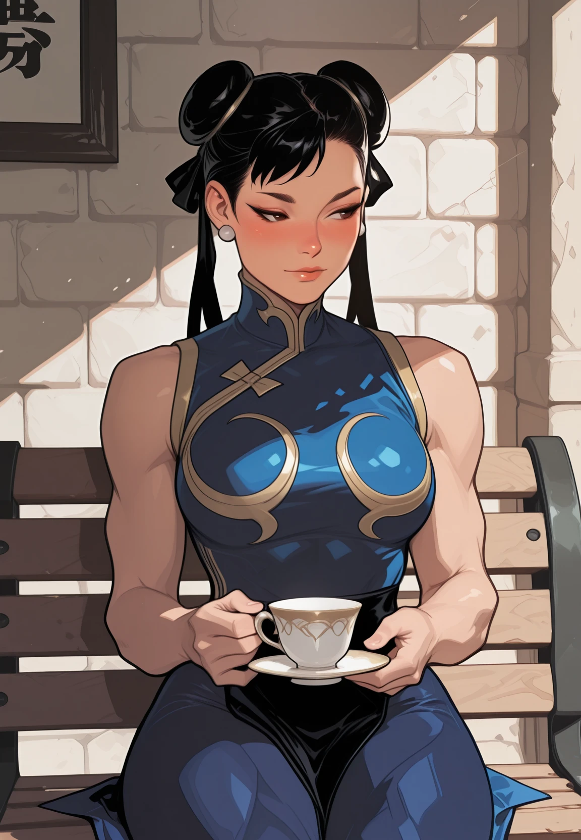 embedding:Stable_Yogis_PDXL_Positives, embedding:Stable_Yogis_PDXL_Positives2, embedding:lazypos, embedding:cr1sp, 1girl, athletic body, toned, small waist, Chun-Li, wearing casual Chinese dress, sitting on bench with teacup, looking away shyly, blushing cheeks, soft evening light, gentle atmosphere,masterpiece, best quality, very aesthetic, bold outlines, strong shadows, high contrast, crisp lines, detailed, intricate, ultra detailed, vibrant, smooth gradients, subtle shadows, professional, high-resolution, perfect lighting, solo, depth, complex lighting, ultra detailed
,,