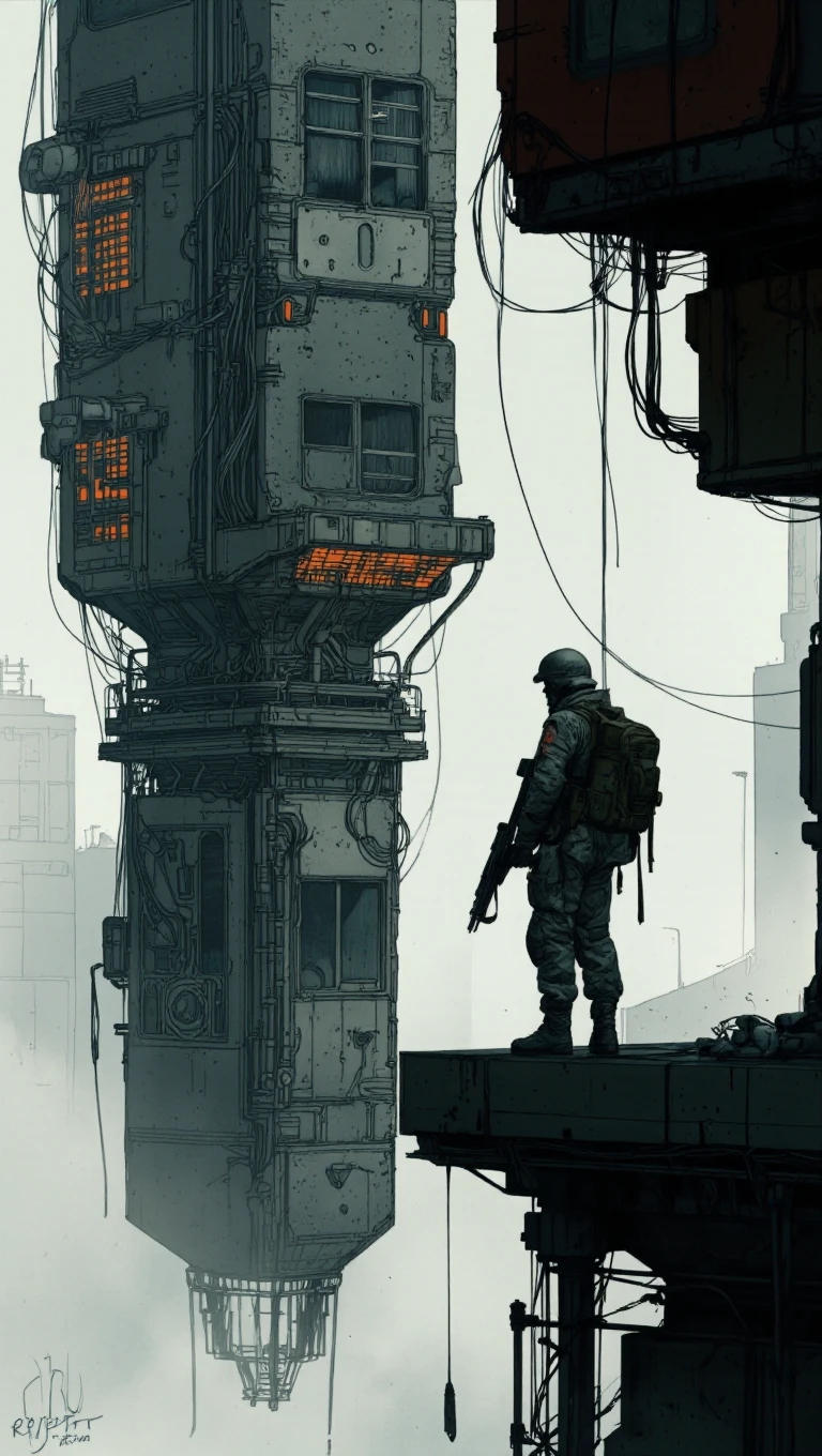 RyOtt style. A digital painting of a soldier standing on a ledge, silhouetted against a futuristic cityscape. The soldier is wearing a helmet, carrying a rifle, and carrying a backpack. The background features tall buildings with glowing orange windows and wires, set against a foggy, industrial atmosphere. The style is reminiscent of a sci-fi novel, with bold lines and a muted color palette. The artist's signature is in the bottom left corner.