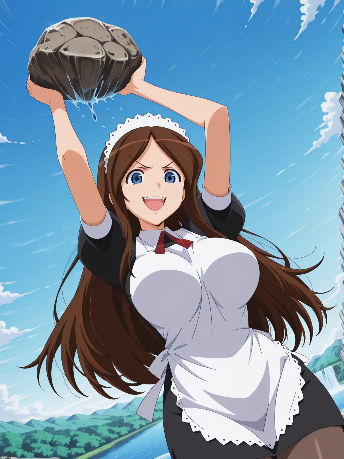 masterpiece, best quality, amazing quality,, <lora:sawawa-hiyorimi-s1-illustriousxl-lora-nochekaiser:1>, sawawa hiyorimi, long hair, brown hair, blue eyes, mature female, large breasts, anime screencap, pantyhose, apron, maid, maid headdress,, <lora:alexthelion-holding-rock-illustriousxl-lora-nochekaiser:1>, alexthelion holding rock, solo, looking at viewer, open mouth, holding, holding rock, arms up, looking down, v-shaped eyebrows, evil grin, blue sky, open mouth, dutch angle, water, lake, river, waterfall, natural, cowboy shot, solo, looking at viewer,