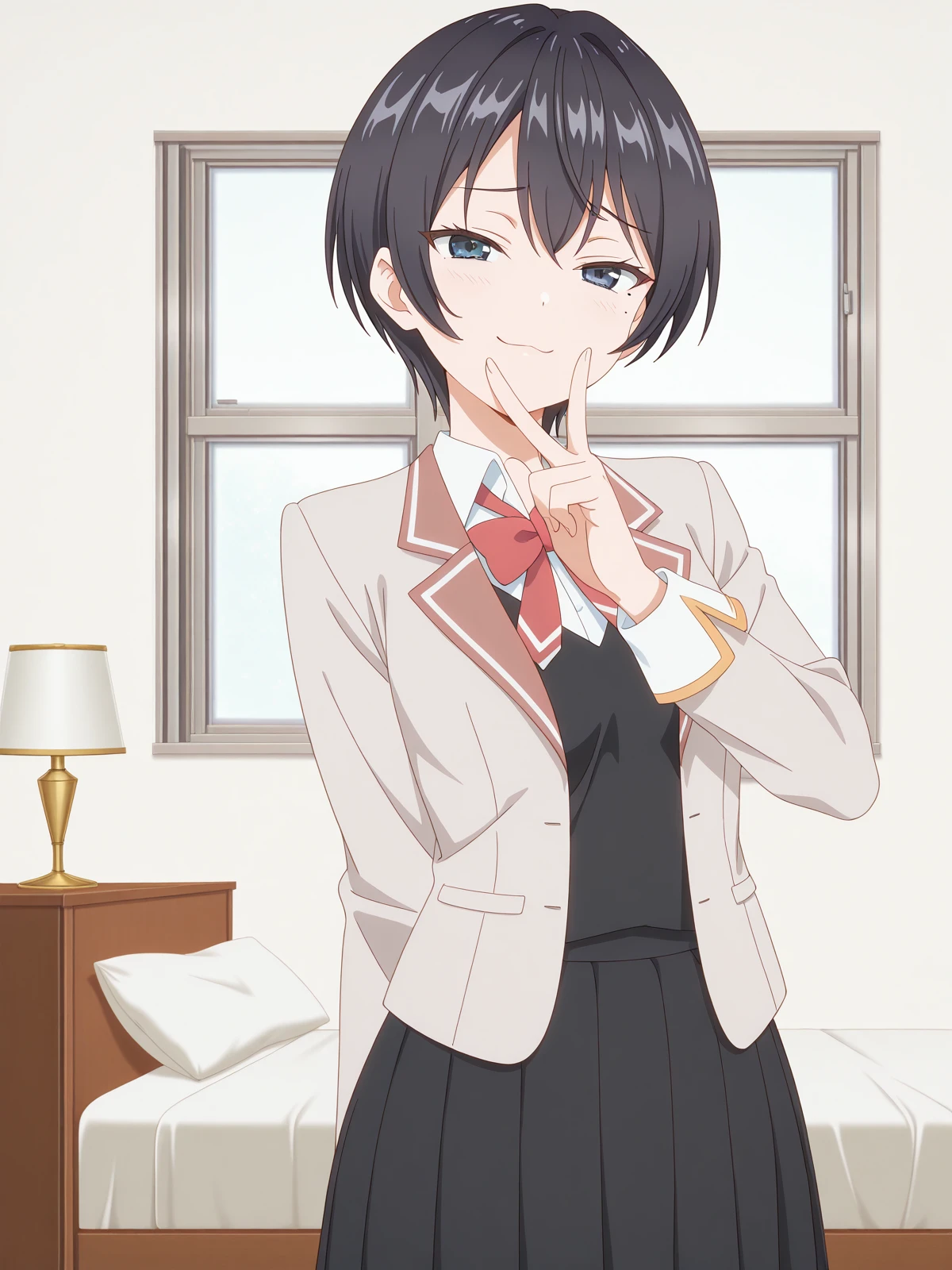 masterpiece, best quality, amazing quality,, <lora:chisaki-sarashina-s1-illustriousxl-lora-nochekaiser:1>, chisaki sarashina, black eyes, black hair, mole, mole under eye, short hair, mature female, small , anime screencap, shirt, bow, jacket, white shirt, collared shirt, bowtie, red bow, blazer, red bowtie, black skirt, pleated skirt,, v, v over mouth, smug,, bedroom, bed, pillows, nightstand, window, cowboy shot, solo, looking at viewer, <lora:transparent-background-illustriousxl-lora-nochekaiser:1>, transparent background, simple background, white background