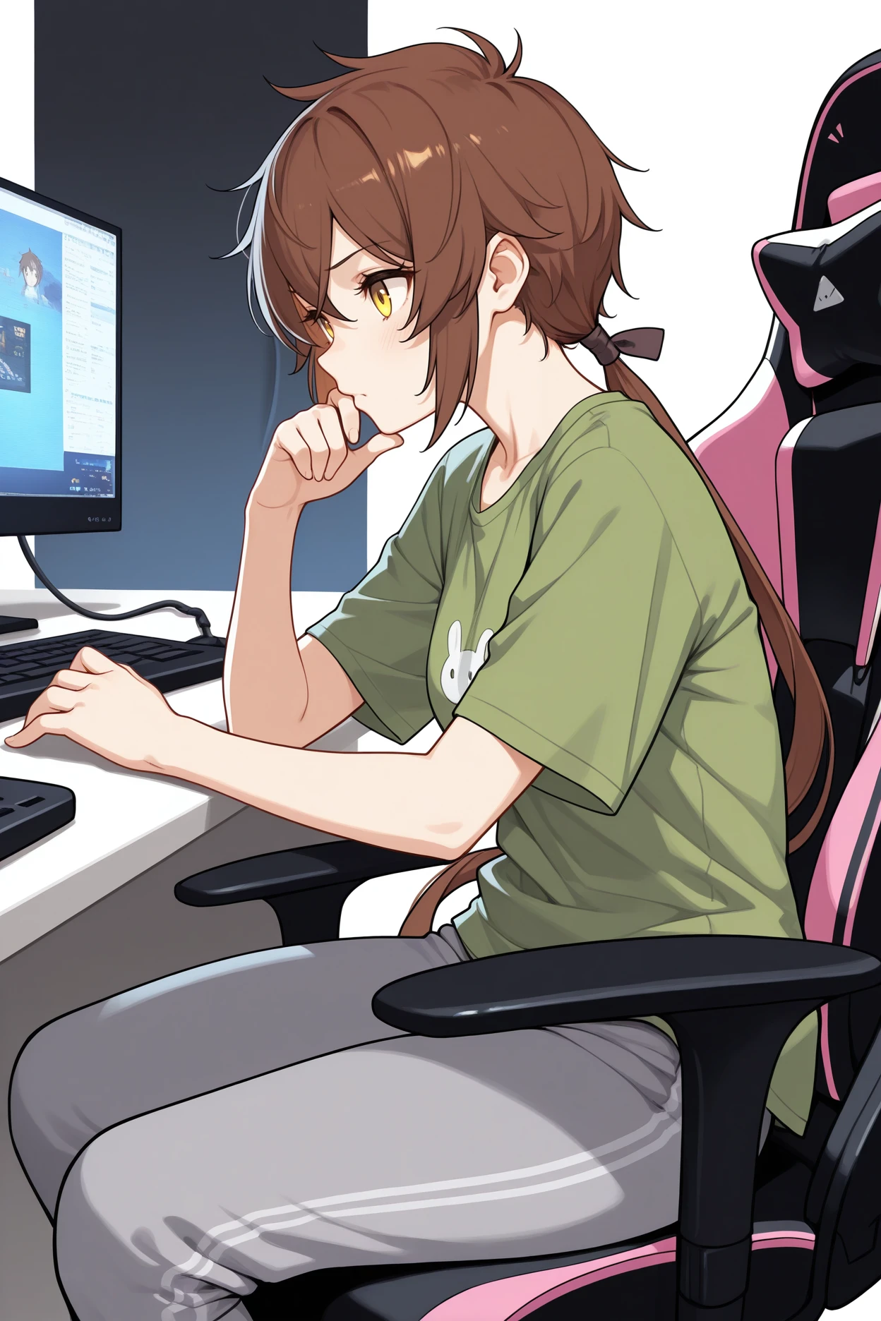 masterpiece, best quality, 1girl, solo, <lora:xclora-illu-nvwls-v1-000006:1> xclo, brown hair, low ponytail, hair between eyes, yellow eyes, green t-shirt, grey sweatpants, sitting, gaming chair, computer, from side, thinking