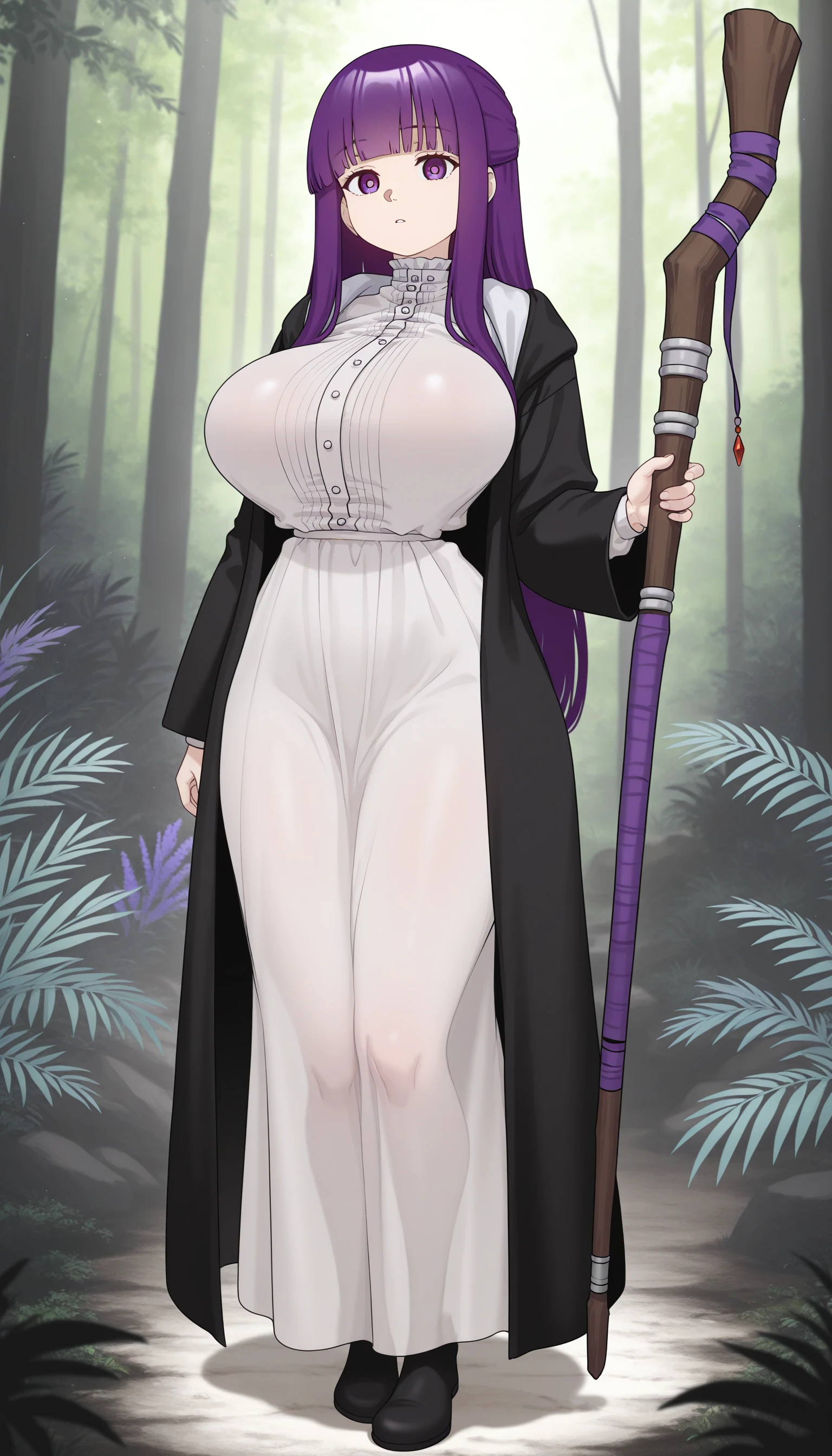 solo, 1girl, fern, fern \(sousou no frieren\), purple eyes, purple hair, long hair, large breasts, black robe, white dress, looking at viewer, masterpiece,best quality,amazing quality, full body, standing, holding staff, staff,