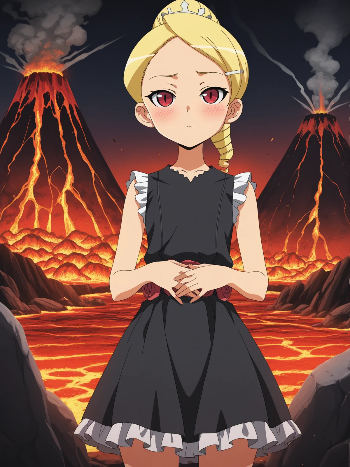 masterpiece, best quality, amazing quality,, <lora:kaibutsuoujo-sherwood-s1-illustriousxl-lora-nochekaiser:1>, sherwood, blonde hair, hair ornament, red eyes, ponytail, hairclip, drill hair, anime screencap, dress, flower, black dress, black dress, skirt, frilled skirt, black skirt, sleeveless, sleeveless dress, hands on stomach, blush,, volcano, lava, rock, fire, smoke, cowboy shot, solo, looking at viewer,