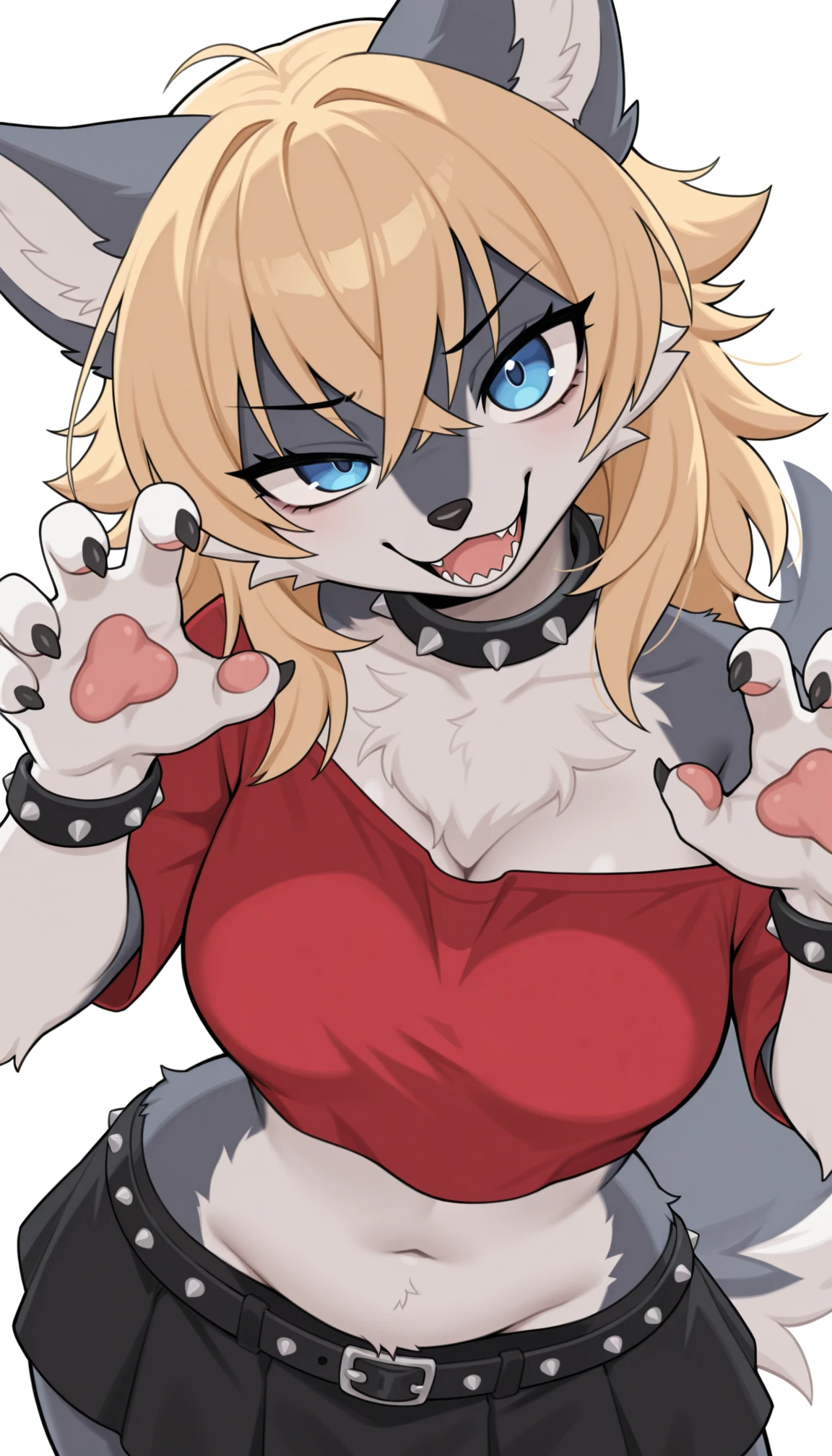 masterpiece, best quality, amazing quality, very aesthetic, 4k, high resolution, ultra-detailed, absurdres, newest, scenery, 1girl, furry, anthro, solo, wolf girl, gray wolf, gray fur, medium breasts, thick thighs, medium hair, blonde hair, crossed bangs, messy hair, hair flaps, very big eyes, blue eyes, uneven eyes, tsurime, smug, open mouth, sharp teeth, loose crop-top off-shoulder impossible red shirt, navel, lowleg black skirt, spiky collar, punk bracelets, spiky crossed belts, paws, claws, fluffy tail, from above, dutch angle, contrapposto, legs apart, head tilt, hip tilt, twisted torso, leaning forward, arched back, w arms, claw pose, portrait, upper body, close-up, face focus, white background, BREAK, detailed fluffy fur, volumetric lighting