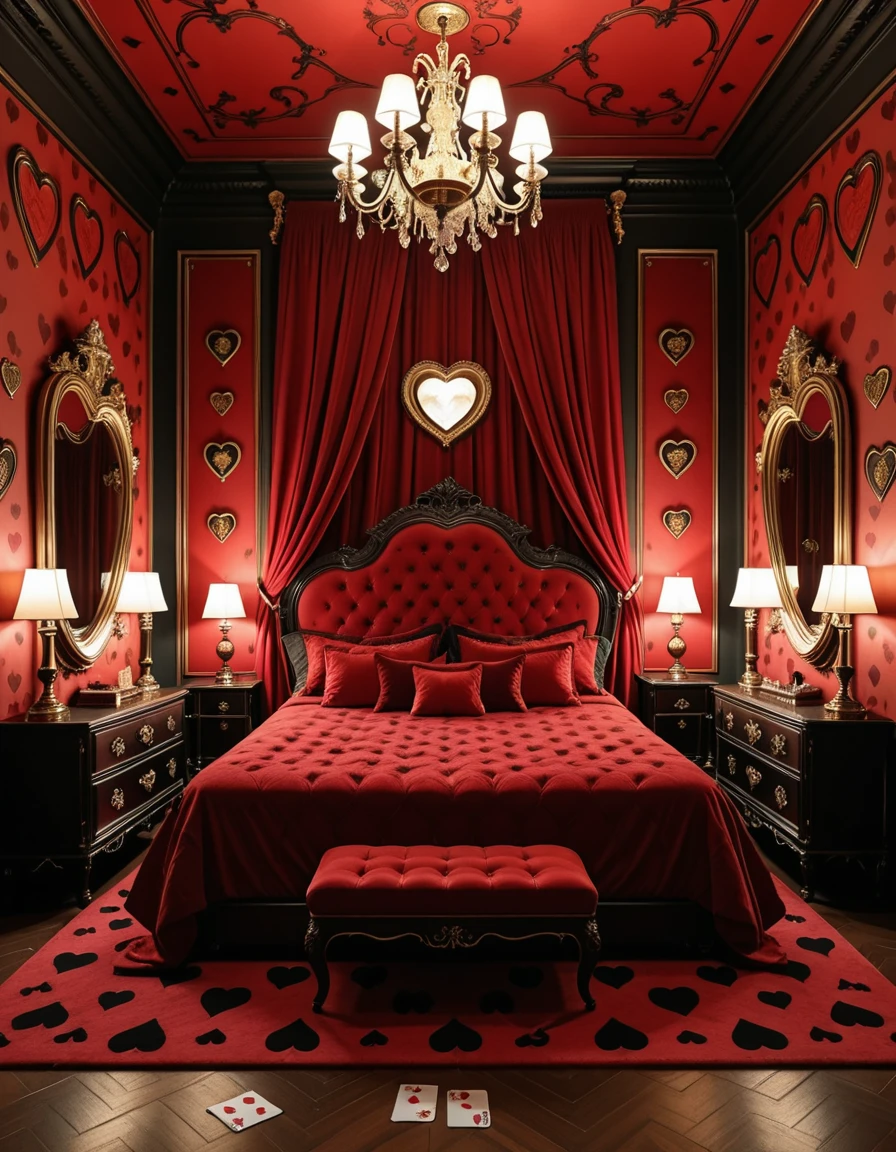 The lavish and eccentric bedroom of the Queen of Hearts, inspired by Alice in Wonderland, decorated in bold shades of red, black, and gold. At the center, a grand heart-shaped bed draped in velvet and silk dominates the room, surrounded by ornate furniture with heart motifs carved into the wood. Playing card symbols adorn the walls and floor, while oversized heart-shaped mirrors and gilded chandeliers reflect the warm crimson glow of candlelight. The atmosphere is whimsical, regal, and slightly menacing, filled with fantasy and extravagance, completely empty of people.bedroom of the Queen of H34rts <lora:bedroom_of_the_Queen_of_H34rts-i:1>, Masterpiece,best quality,hi res,8k,hi res,8k,award winning,(sharp focus, intricate, highly detailed),