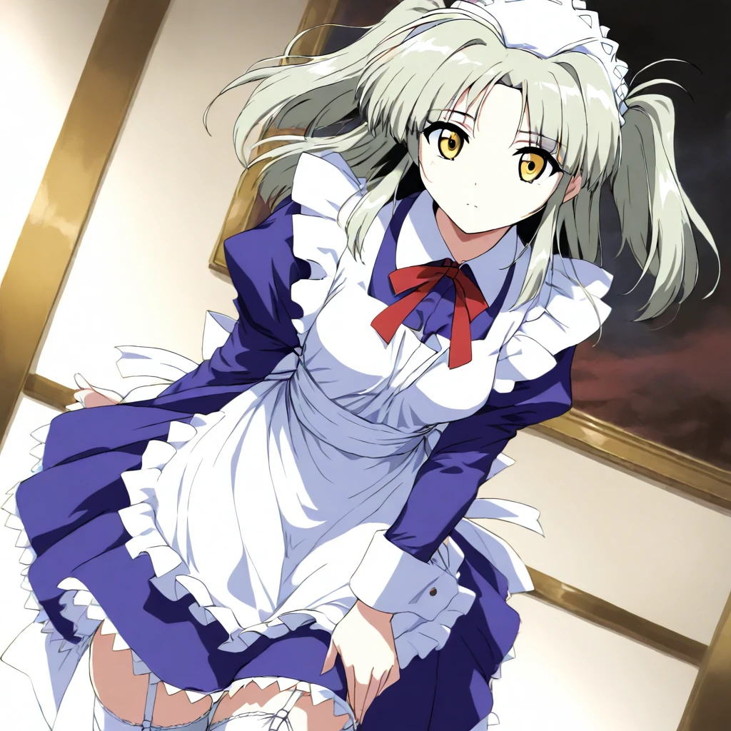 masterpiece,high score,great score,absurdres,solo,looking at viewer,<lora:MyleneTrantoul ag4o:1> mylenetrantoul, grey hair, two side up, yellow eyes,maid headdress,maid,apron,thighhighs,garter straps,