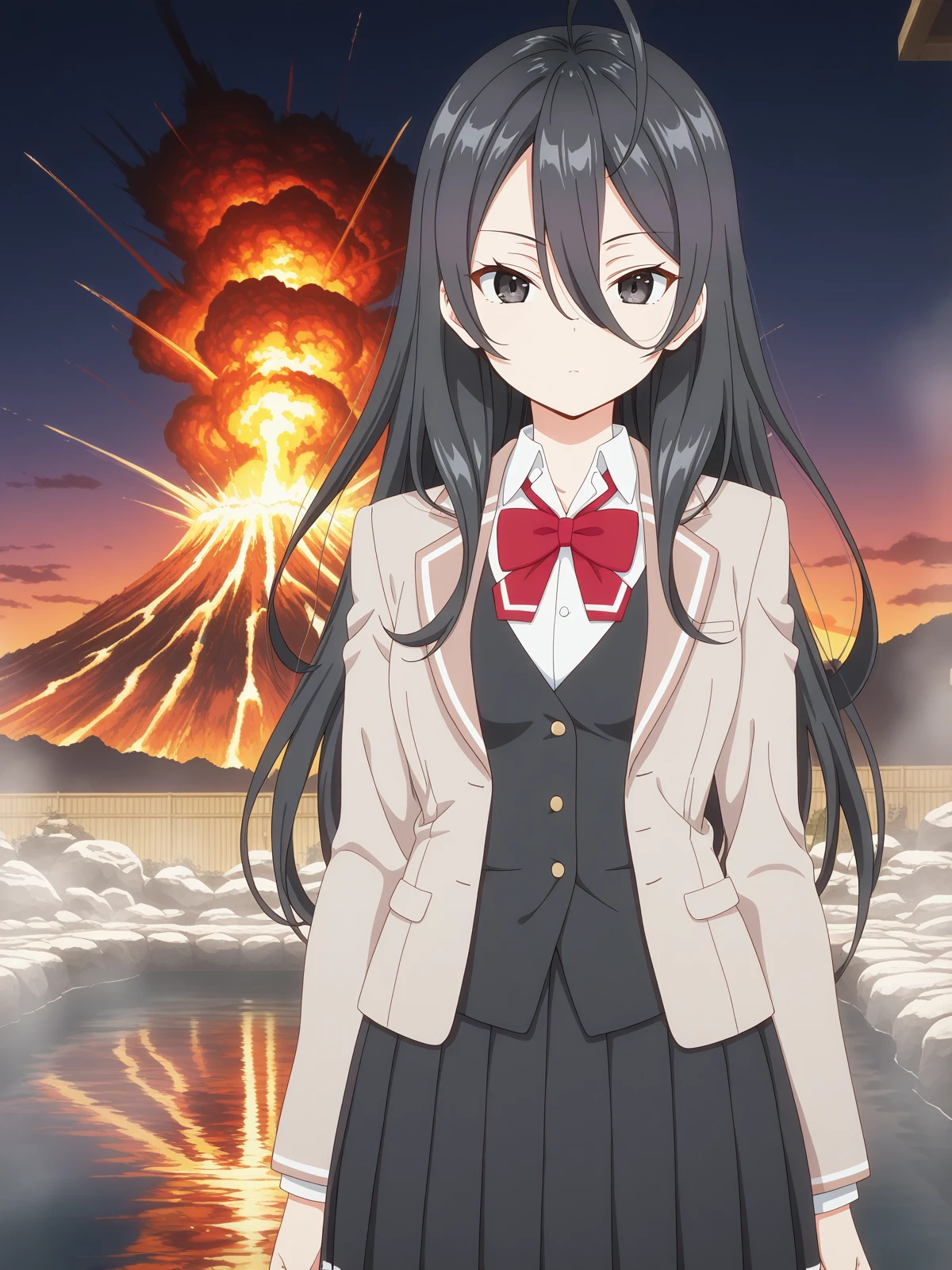 masterpiece, best quality, amazing quality,, <lora:ayano-kimishima-s1-illustriousxl-lora-nochekaiser:1>, ayano kimishima, black hair, black eyes, ahoge, long hair, hair between eyes, mature female, small breasts, anime screencap, shirt, bow, jacket, white shirt, collared shirt, bowtie, red bow, blazer, red bowtie, black skirt, pleated skirt,, v,, geyser, steam, water, hot_spring, eruption, cowboy shot, solo, looking at viewer,