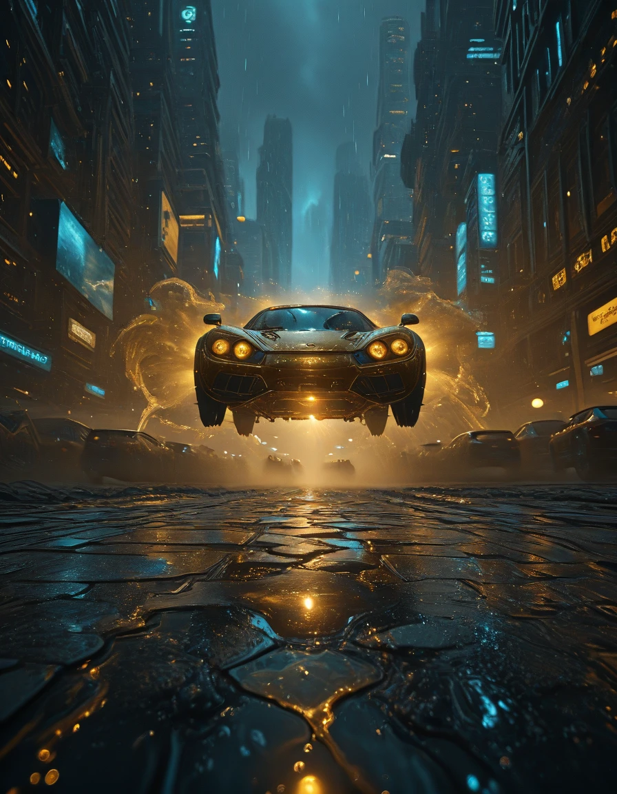 <lora:Gold_dream_ill:0.8> gdv1, futuristic cyberpunk city at night, colossal skyscrapers glowing in neon blue, golden holograms shimmering above the streets, rain-soaked pavement reflecting gold and blue lights, flying cars weaving between towers, cinematic low angle perspective, atmosphere of energy and chaos, highly detailed futuristic metropolis