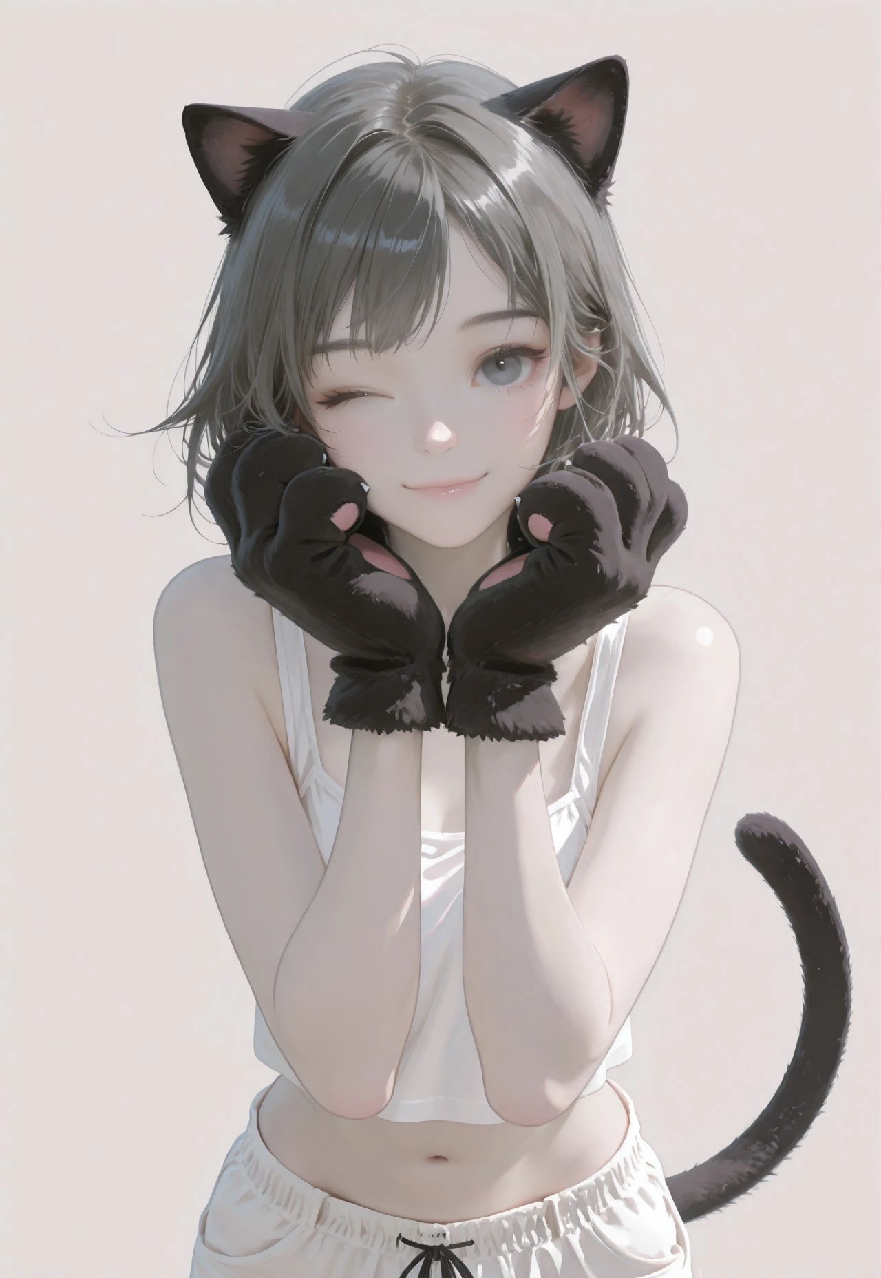 ,flat color, no lineart, blending, negative space,detailed,Hyperrealistic,

,1girl,solo,20years old girl,tall,slender,svelte,dark gray hair,dark gray eyes,belly button,broad shoulder,small breast,belly button,

,black cat ear, whtie close-fitting tank top,white shorts, black cat paw gloves,cat tail,

,looking at the viewer, two hands close to face,smile,wink,(hands forward:1.5),

,front view,upper body,

,warm background,

 ,masterpiece, best quality, very aesthetic, newest,no text,