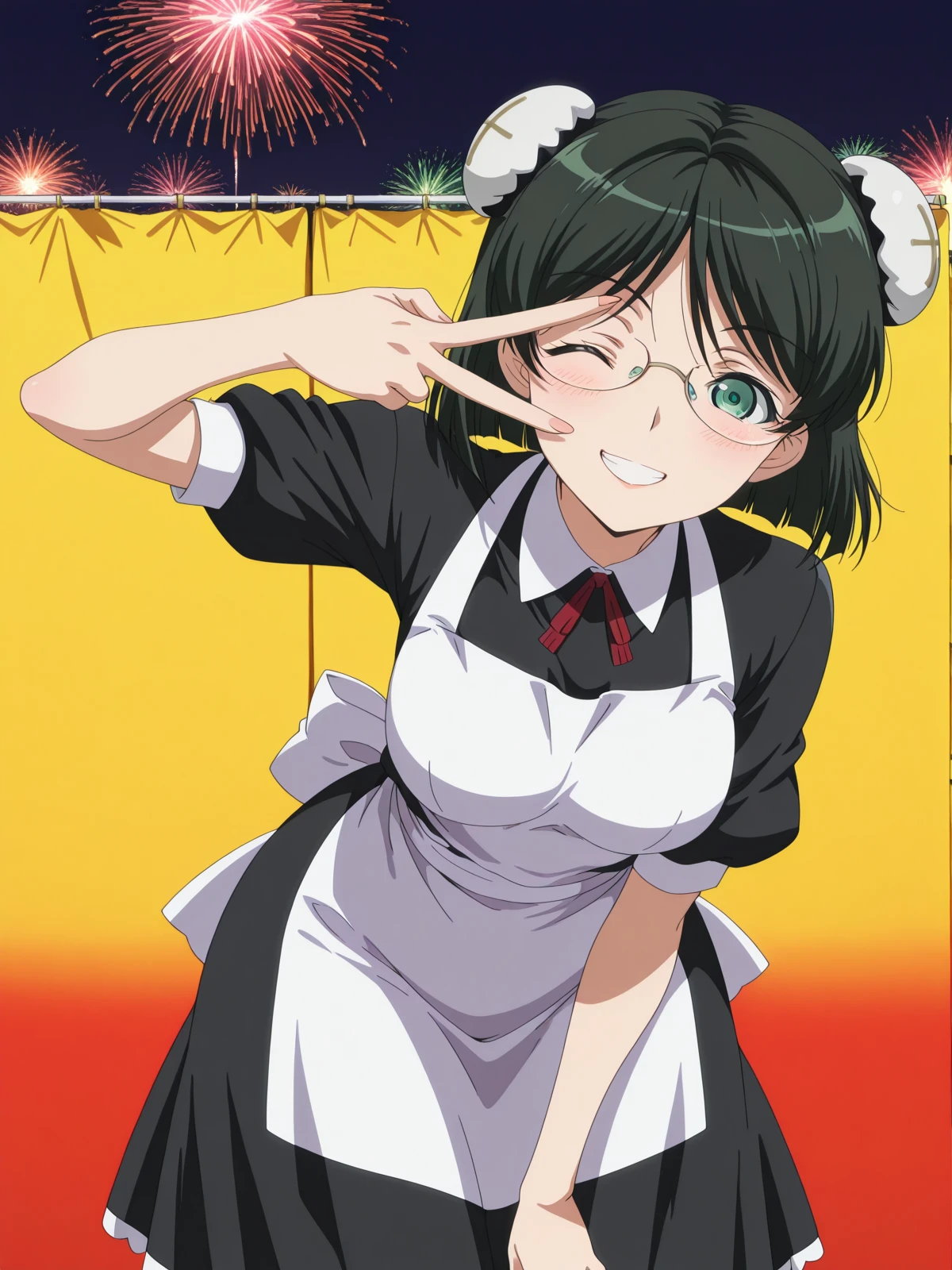masterpiece, best quality, amazing quality,, <lora:kaibutsuoujo-francisca-s1-illustriousxl-lora-nochekaiser:1>, francisca, short hair, black hair, green eyes, green hair, glasses, bun cover, mature female, medium breasts, anime screencap, apron, maid,, <lora:gyaru-v-illustriousxl-lora-nochekaiser:1>, gyaruv, solo, looking at viewer, blush, smile, cowboy shot, teeth, one eye closed, v, leaning forward, v over eye,, festival, fireworks, summer night, food stall, traditional, arms up, cowboy shot, solo, looking at viewer,