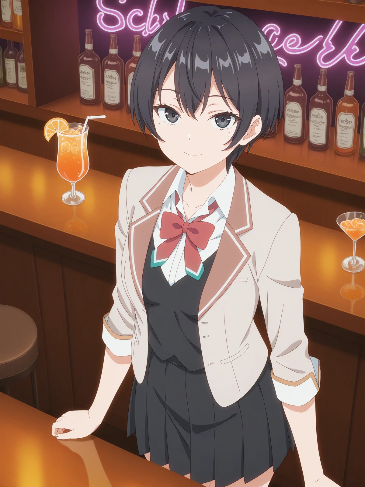 masterpiece, best quality, amazing quality,, <lora:chisaki-sarashina-s1-illustriousxl-lora-nochekaiser:1>, chisaki sarashina, black eyes, black hair, mole, mole under eye, short hair, mature female, small , anime screencap, shirt, bow, jacket, white shirt, collared shirt, bowtie, red bow, blazer, red bowtie, black skirt, pleated skirt,, from above,, bar, drinks, stools, counter, nightlife, cowboy shot, solo, looking at viewer,