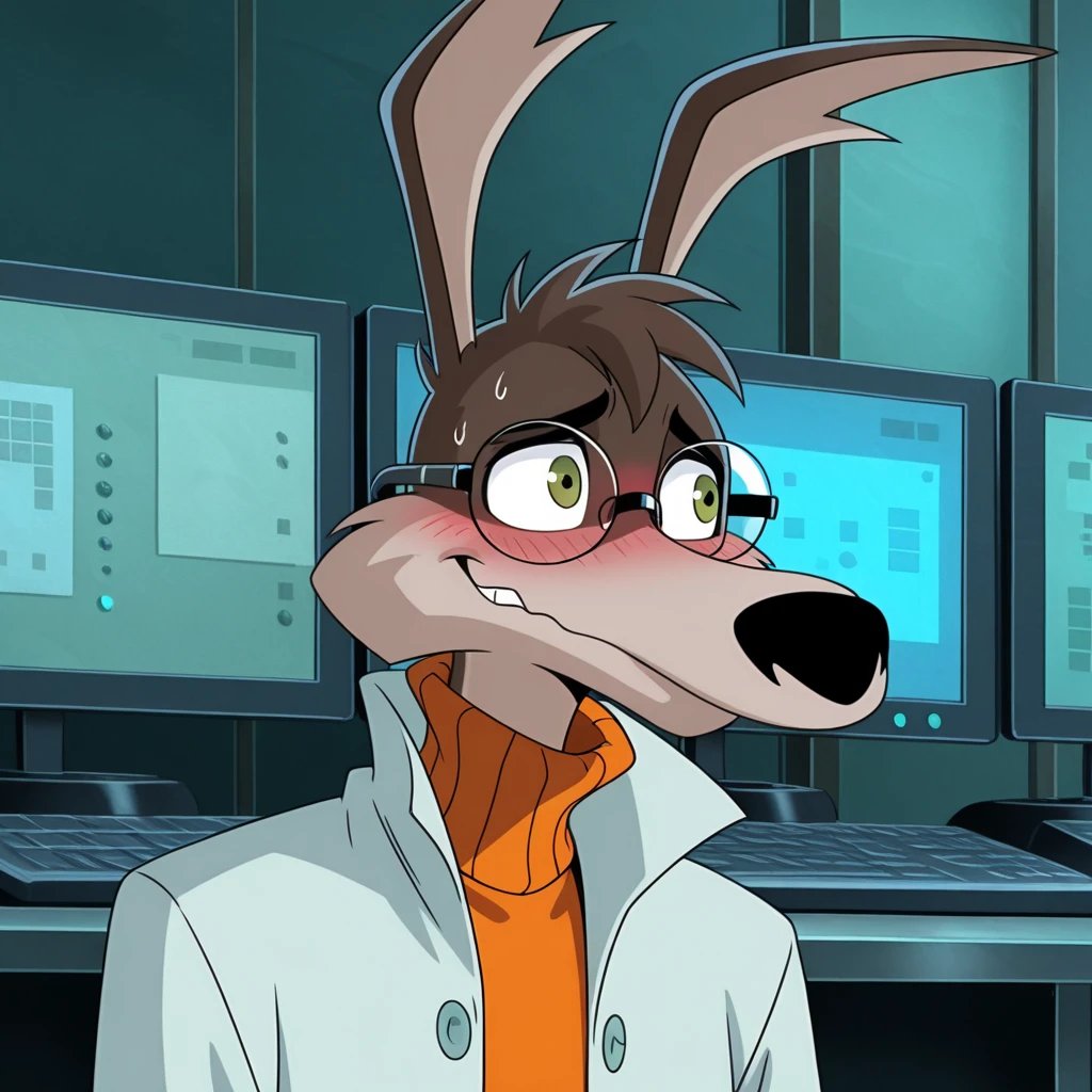 <lora:Tech_E_coyote_V2:1> Techcoyote, 1boy, orange turtleneck, lab coat, glasses, portrait, looking away, nervous smile, blush, computer lab, masterpiece,