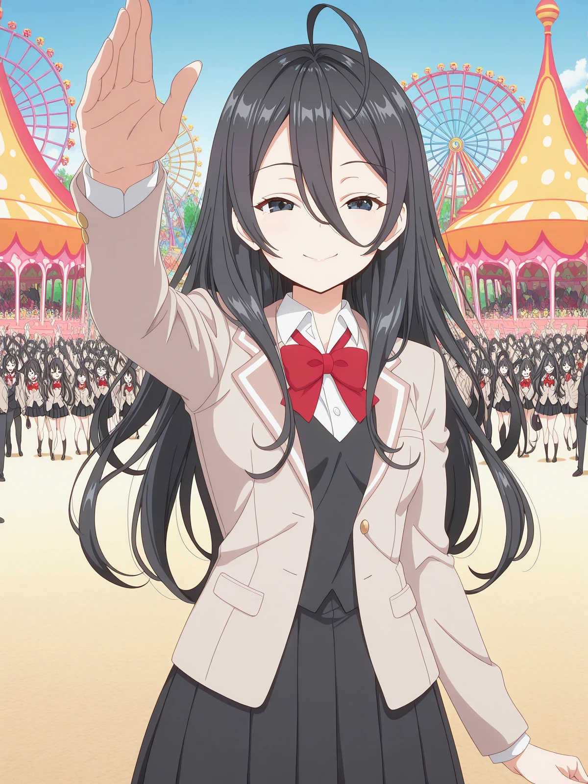 masterpiece, best quality, amazing quality,, <lora:ayano-kimishima-s1-illustriousxl-lora-nochekaiser:1>, ayano kimishima, black hair, black eyes, ahoge, long hair, hair between eyes, mature female, small breasts, anime screencap, shirt, bow, jacket, white shirt, collared shirt, bowtie, red bow, blazer, red bowtie, black skirt, pleated skirt,, <lora:incoming-headpat-illustriousxl-lora-nochekaiser:1>, incoming headpat, headpat, pov, outstretched arm, reaching, reaching towards viewer, looking at viewer, closed eyes, smile,, amusement park, rides, crowds, fun, colorful, cowboy shot, solo, looking at viewer,