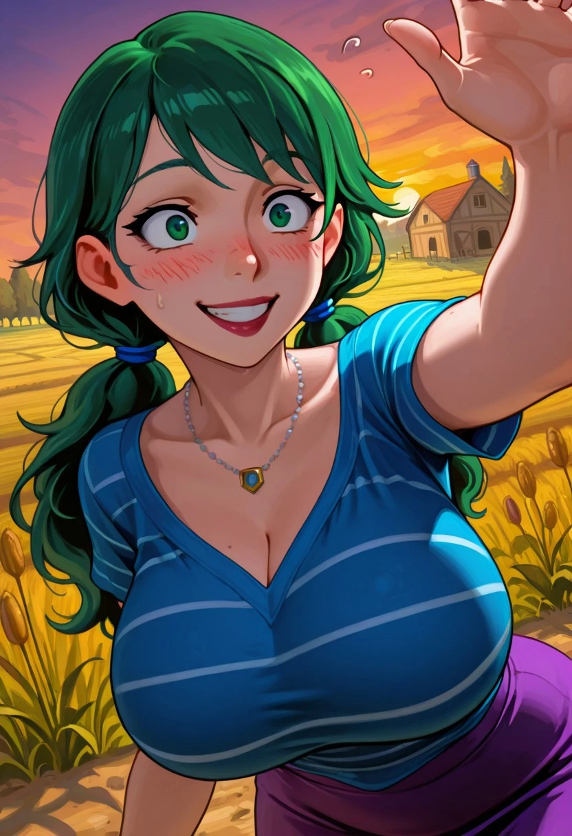 anime coloring, M4j0r4, (dark shading 1.4), outdoors, dark, sunset, farm, medieval, masterpiece, best quality, solo, dynamic angle, dynamic pose, foreshortening, 
1girl, caroline_sdv, green eyes, green hair, low-tied twintails, blue hair ties, necklace, jewelry,
mature female, large breasts,blush, lipstick,
blue striped shirt, short sleeves, long purple skirt,
, (upper body, face focus), happy smile, shocked, !!!,
(anime screenshot),  bold lines, high contrast, dramatic shadows, rough textures, strong comic book aesthetic,