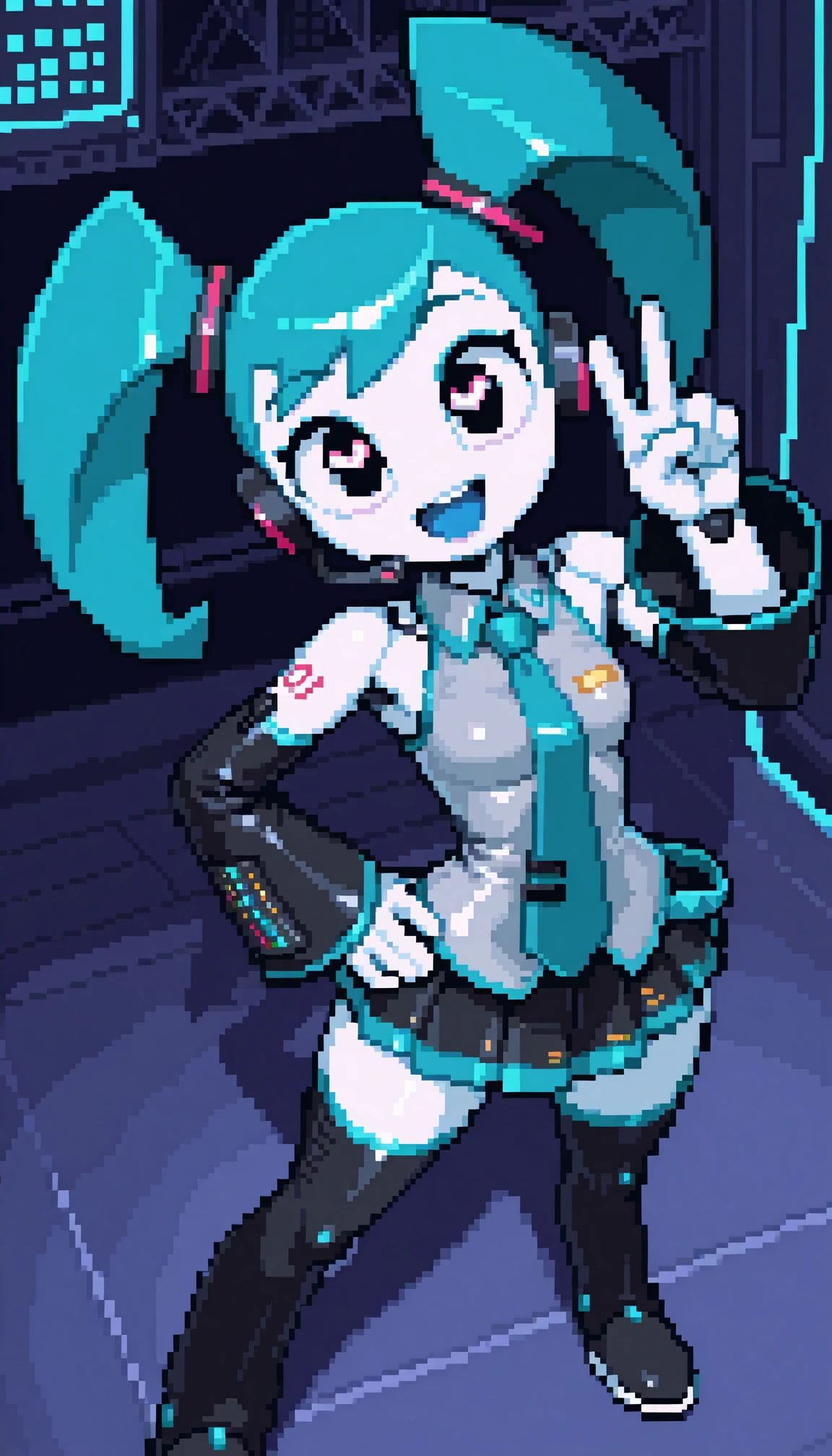 masterpiece, best quality, amazing quality, 4k, very aesthetic, ultra-detailed, (pixel art, dithering, pixelated, sprite art, 8-bit:1.2), cartoon, dramatic light, 1girl, solo, (jenny wakeman:1.3), hatsune_miku_\(cosplay\), (robot, android, part lines:1.2), (white body, white skin, metalic skin, ceramic skin:1.2), long aqua hair, long twintails, long sidelocks, neon headset, [shiny black eyes:symbol-shaped pupils:13], bright pupils, big eyes, one eye half-closed, (no nose:1.2), open mouth, smile, blue tongue, facing up, facing to the side, looking at viewer, long hair, small breasts, collared wide detached sleeve grey shirt, wide hips, narrow waist, necktie, skirt, thighhighs, standing, posing, twisty pose, head tilt, v, one hand on hip, legs apart, from above, foreshortening, face focus, dutch angle, cyberpunk, stage, blue neon, spot light, fine shiny fablic emphasis, BREAK, robot white hands, fingers, eyes, extremely detailed eyes, detailed background, volumetric lighting