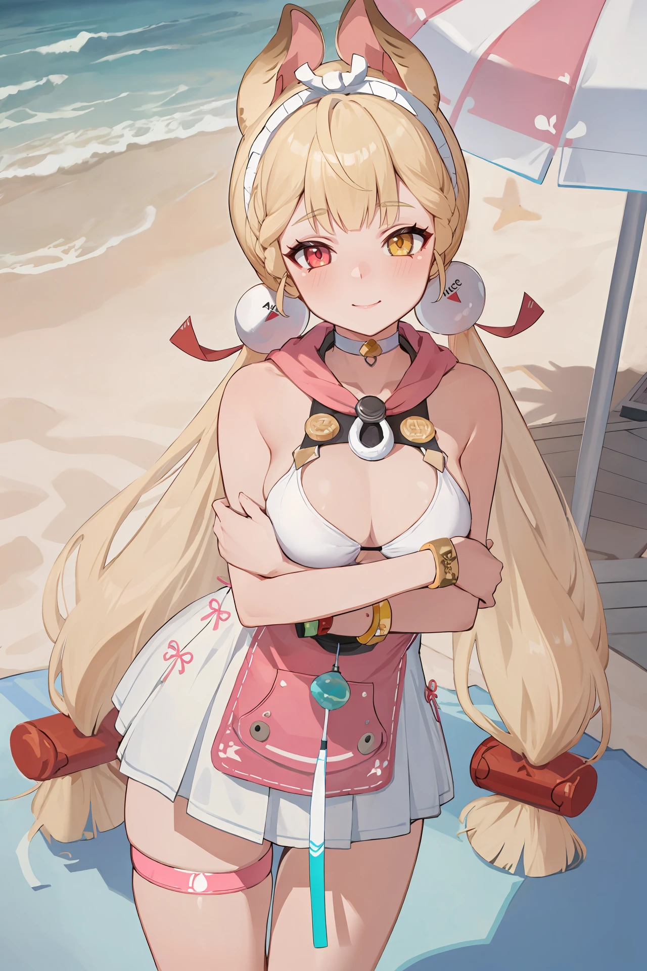 (best quality, masterpiece:1.2),  <lora:Char-ZZZ-Alice-V1-SD1.5:0.9:hr=0.6>, 1girl, alice thymefield, heterochromia, solo, braided bangs, twintails, hair bobbles, white hairband, white choker, pink hood, dress swimsuit, utility belt, bracelet, wristwatch, thigh strap, looking at viewer, seductive smile, ecstasy, gasping, finger to cheek, standing, contrapposto, cowboy shot, beach, ocean, blue sky, beach mat, beach umbrella, depth of field