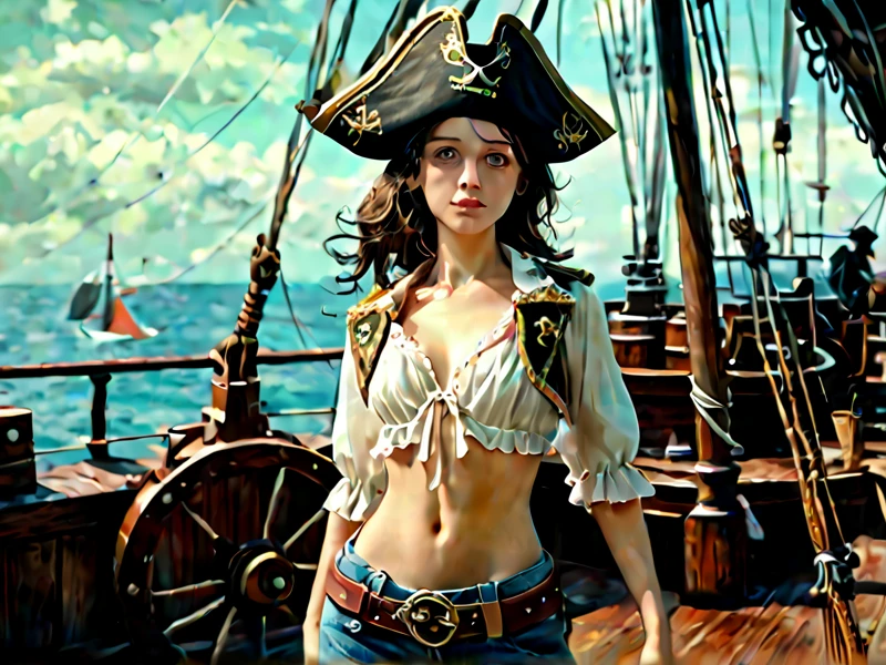 fantasy style waist shot portrait of young woman dressed in a skimpy pirate outfit, low_waist_jeans, highly detailed, photorealism, digital painting, on a pirate ship, is the see, near an iland with dragons above , artstation, concept art, sharp focus, illustration, best quality, 4k, art by artgerm and greg rutkowski and alphonse mucha