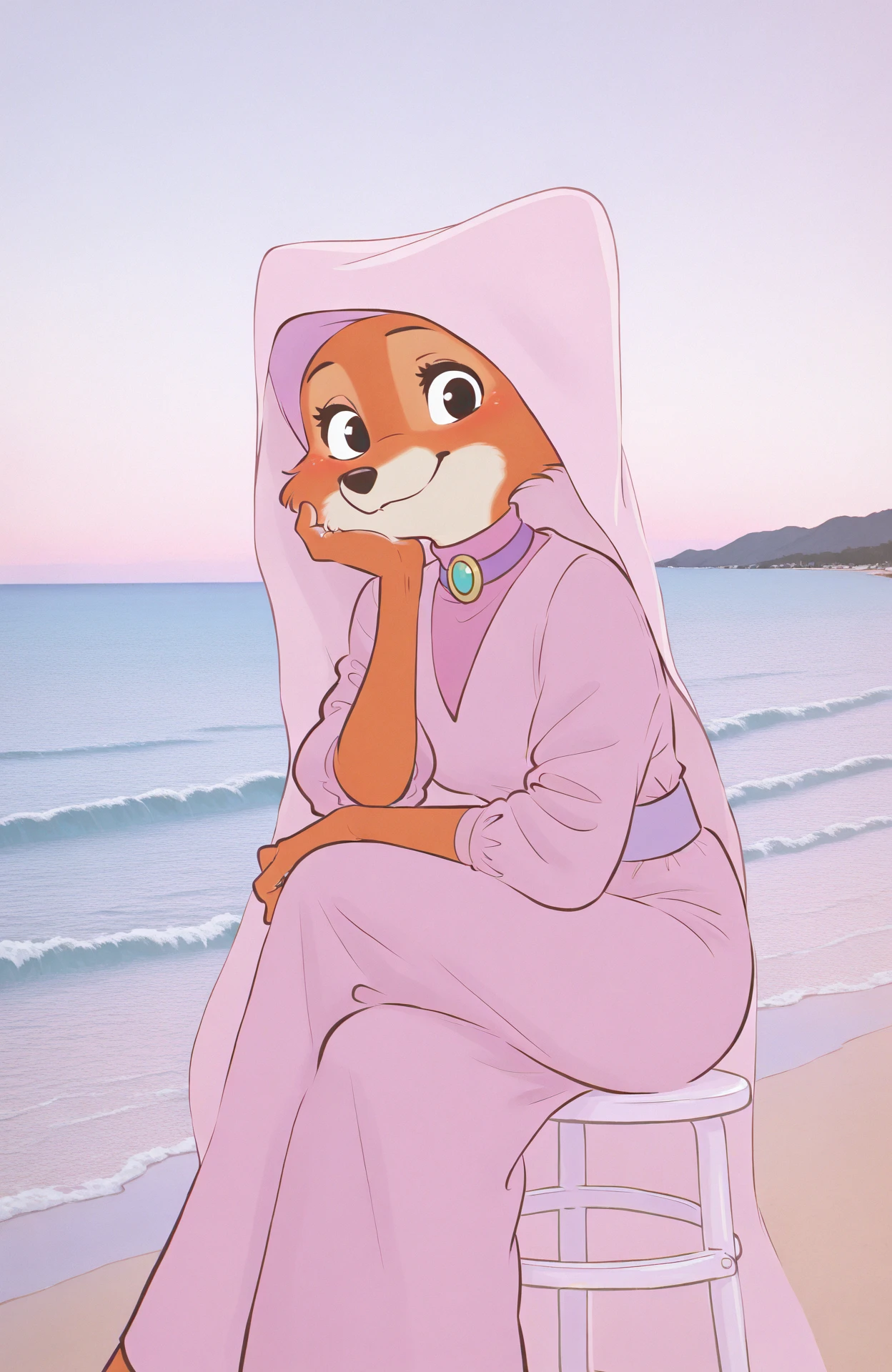 masterpiece, best quality, newest, absurdres, lazypos
m4r14n-p3np3n-st4le, orange fur, black eyes, ears, pink veil
(close-up:0.80) wide shot, cinematic shot, solo, beach, crossed legs, ocean, grey sky, waves, outdoors, sitting, white plastic chair
<lora:Marian-PenPen-style_il:0.9>