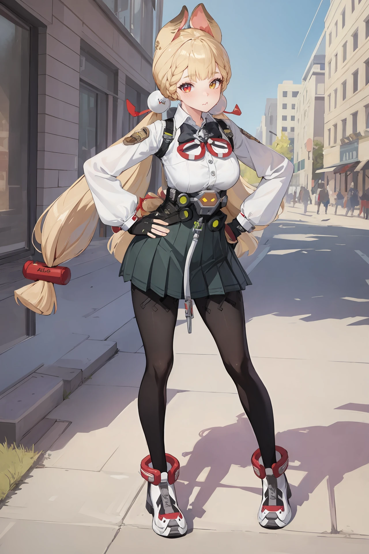 (best quality, masterpiece:1.2), <lora:Char-ZZZ-Alice-V1-SD1.5:0.9:hr=0.6>, 1girl, alice thymefield, heterochromia, solo, braided bangs, twintails, hair bobbles, white collared shirt, ribbon-trimmed sleeves, two-tone bowtie, chest harness, fingerless gloves, utility belt, high-waist pleated skirt, print pantyhose, high tops, full body, standing, contrapposto, pout, looking at viewer, hand on hip, outdoors, street