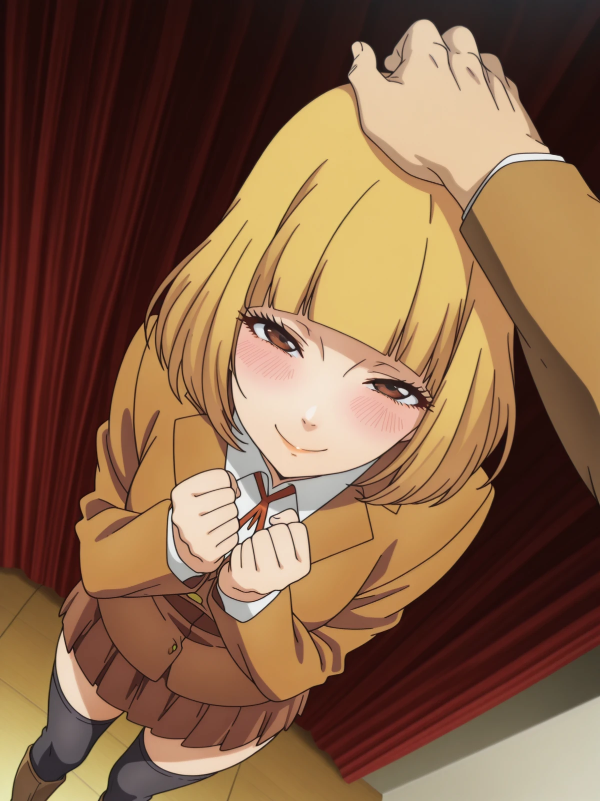 masterpiece, best quality, amazing quality,, <lora:hana-midorikawa-s1-illustriousxl-lora-nochekaiser:1>, hana midorikawa, short hair, bangs, blonde hair, brown eyes, blunt bangs, mature female, small breasts, anime screencap, skirt, shirt, thighhighs, black thighhighs, zettai ryouiki, blazer, brown blazer, brown skirt, <lora:headpat-pov-illustriousxl-lora-nochekaiser:1>, headpat pov, blush, from above, looking up, pov, pov hands, headpat, half-closed eyes, looking at viewer, hands up, clenched hands, smile,, theater, stage, seats, performance, curtains, cowboy shot, solo, looking at viewer,