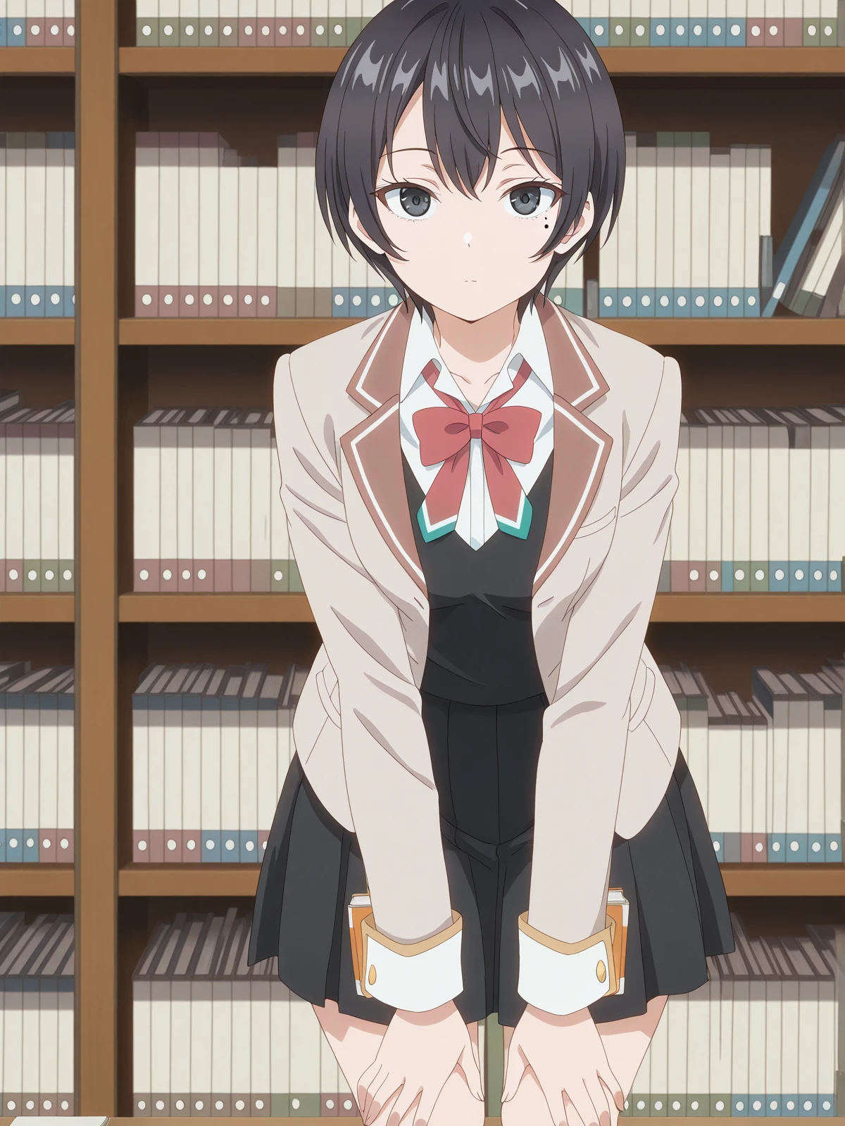 masterpiece, best quality, amazing quality,, <lora:chisaki-sarashina-s1-illustriousxl-lora-nochekaiser:1>, chisaki sarashina, black eyes, black hair, mole, mole under eye, short hair, mature female, small , anime screencap, shirt, bow, jacket, white shirt, collared shirt, bowtie, red bow, blazer, red bowtie, black skirt, pleated skirt,, hands on own knees, library, shelves, books, tables, quiet, cowboy shot, solo, looking at viewer,