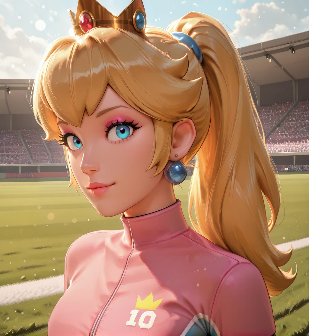 pechmsxl, blue eyes, blonde hair, ponytail, makeup, light smile, crown,
pink crop top, turtleneck, 10, earrings, looking at viewer,
upper body, looking at viewer,
soccer field,
clear composition, atmospheric haze, ambient occlusion,
(insanely detailed, masterpiece, best quality), <lora:PeachMSxl:1>,