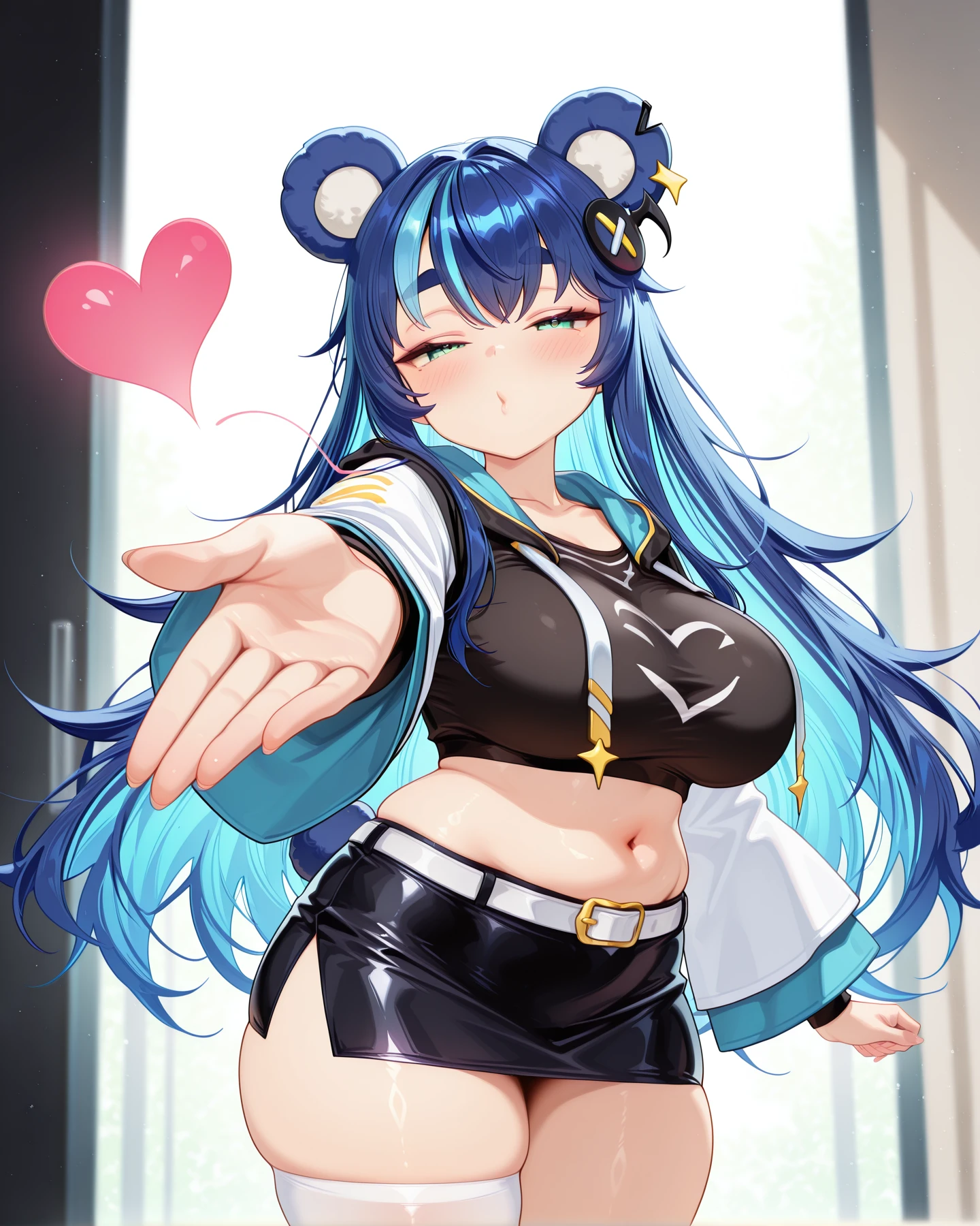 <lora:LECO-mature_female_XL(ill)v11:1> , <lora:Curvier:1>plump, thick thighs, wide hips, curvy,
<lora:Fujikura_UrukaPC:1> FujUka, long hair, blue hair, streaked hair, blue bear ears, sidelocks, hair ornament, cyan colored inner hair, large breasts, collarbone, black shirt, midriff, navel, white belt, pencil skirt, asymmetrical legwear, white single thighhigh, black shoes, black long jacket, two-tone jacket, hood down, white wide sleeves, white long sleeves,
<lora:suzuka-dairenjis-blowing-kiss-illustriousxl-lora-nochekaiser:1> suzuka dairenji's blowing kiss, solo, heart, outstretched hand, blowing kiss, foreshortening, half-closed eyes, looking at viewer,, IllusP0s, masterpiece, best quality, amazing quality, very aesthetic, absurdres, newest, Smooth_Quality