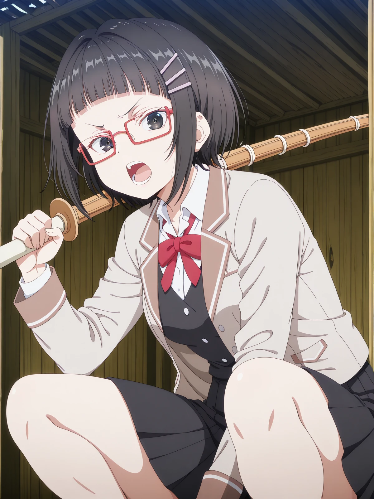 masterpiece, best quality, amazing quality,, <lora:sayaka-taniyama-s1-illustriousxl-lora-nochekaiser:1>, sayaka taniyama, black eyes, black hair, short hair, bangs, blunt bangs, hair clip, glasses, red-framed eyewear, mature female, small breasts, anime screencap, shirt, bow, jacket, white shirt, collared shirt, bowtie, red bow, blazer, red bowtie, black skirt, pleated skirt,, <lora:slav-squatting-illustriousxl-lora-nochekaiser:1>, slav squatting, solo, looking at viewer, open mouth, holding, weapon, teeth, sword, holding weapon, holding sword, squatting, over shoulder, weapon over shoulder, wooden sword, shinai, bokken,, hut, small, rural, wood, shelter, cowboy shot, solo, looking at viewer,