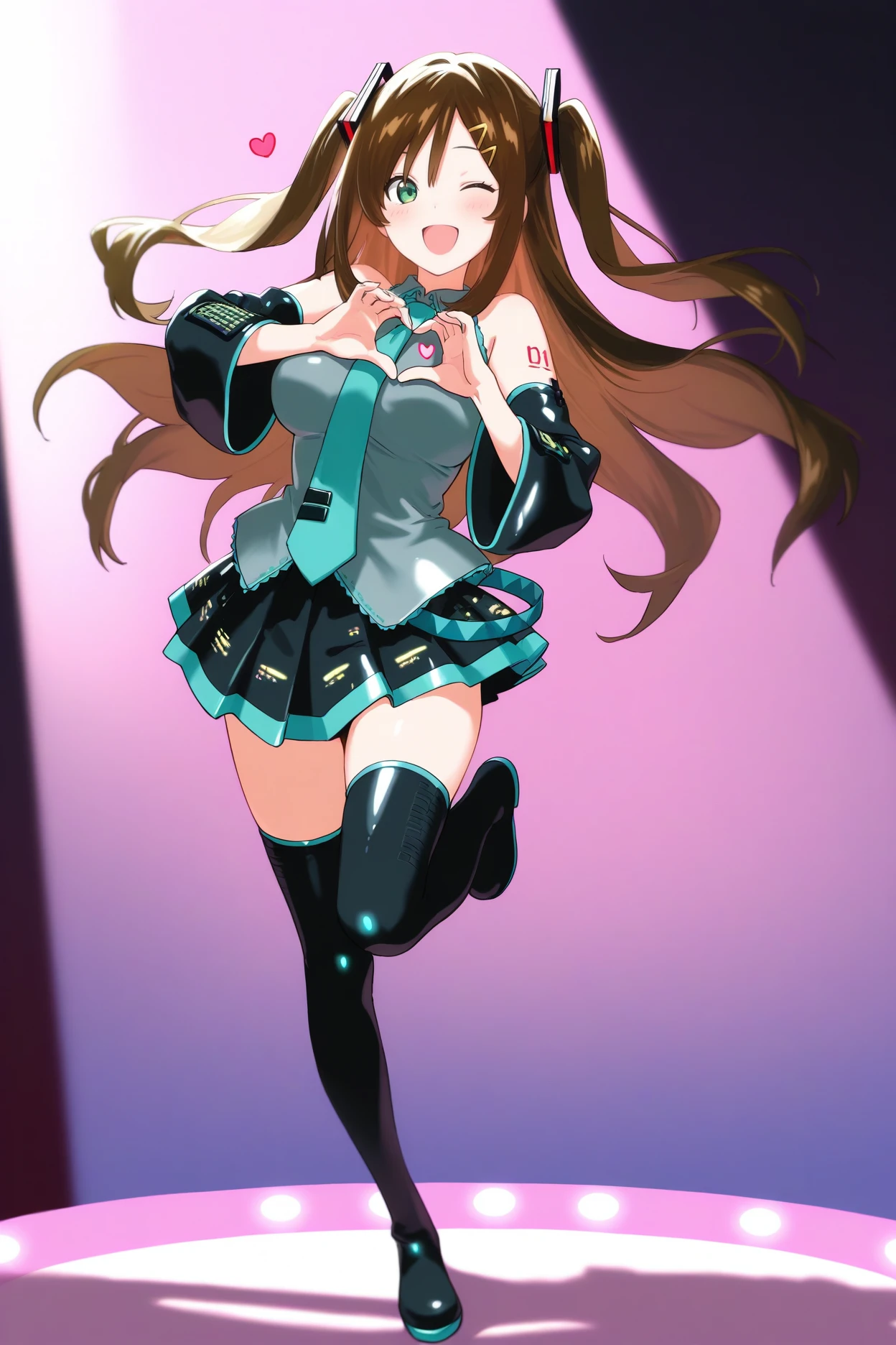 masterpiece, best quality, 1girl, solo, <lora:kizunohitomi-illu-nvwls-v1-000006:1> kznoht, long hair, brown hair, green eyes, hairclip, large breasts, hatsune miku \(cosplay\), heart hands, happy, open mouth, wink, stage, spotlight, full body, standing on one leg