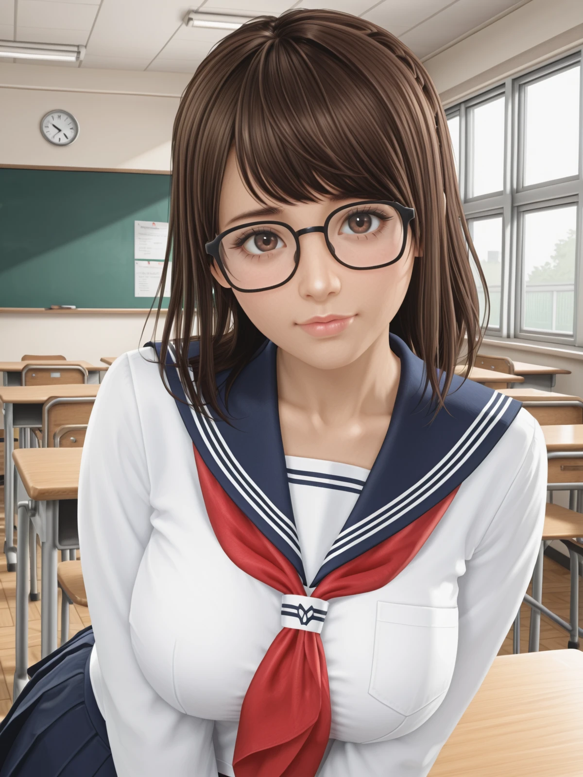 tsukushi \(doax vv\),brown hair,brown eyes,glasses,large breasts,serafuku,classroom,