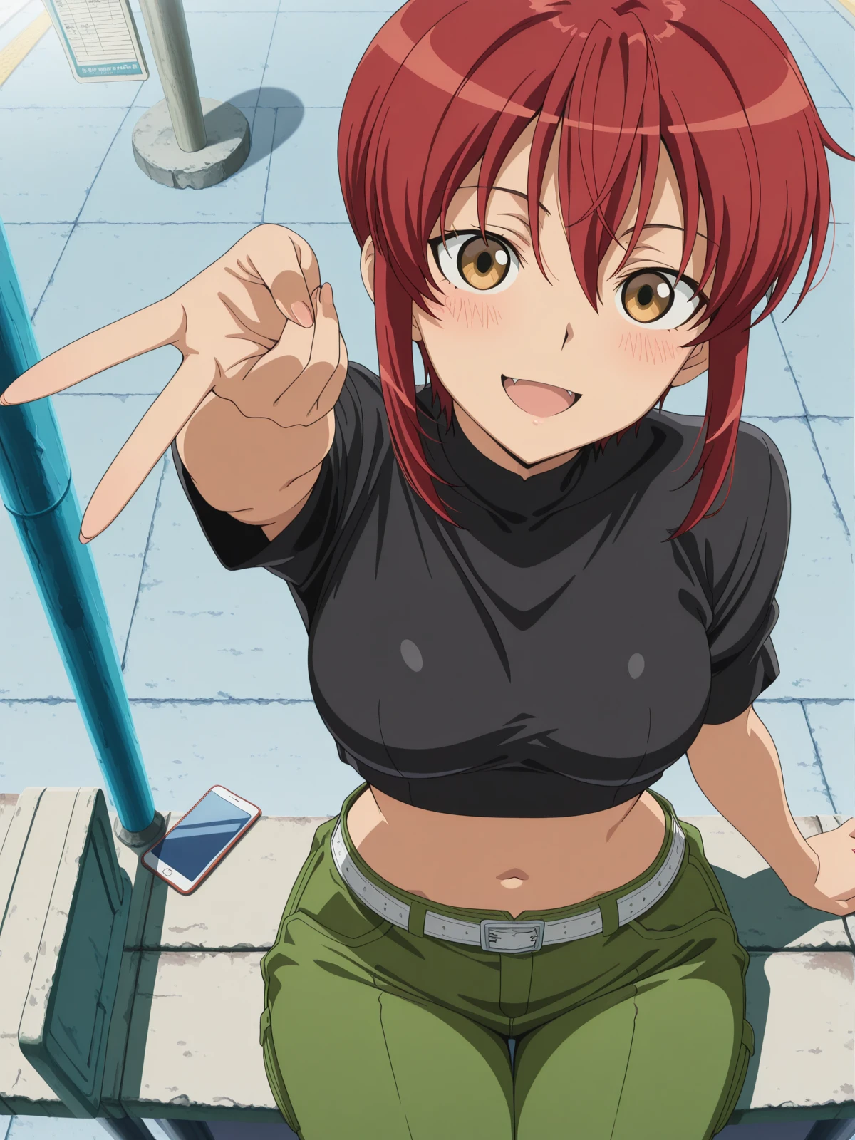 masterpiece, best quality, amazing quality,, <lora:riza-wildman-s1-illustriousxl-lora-nochekaiser:1>, riza wildman, short hair, brown eyes, red hair, hair between eyes, sidelocks, mature female, medium breasts, anime screencap, shirt, short sleeves, midriff, belt, pants, crop top, cropped shirt, green pants, black shirt, turtleneck,, <lora:gyaru-v-illustriousxl-lora-nochekaiser:1>, gyaruv, solo, looking at viewer, blush, smile, open mouth, sitting, v, from above, arm up,, bus stop, waiting, commuter, smartphone, checking time, cold morning, cowboy shot, solo, looking at viewer,