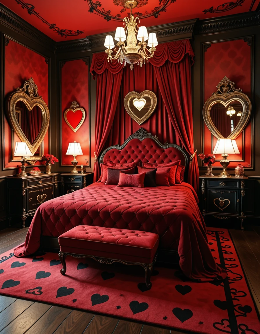 The lavish and eccentric bedroom of the Queen of Hearts, inspired by Alice in Wonderland, decorated in bold shades of red, black, and gold. At the center, a grand heart-shaped bed draped in velvet and silk dominates the room, surrounded by ornate furniture with heart motifs carved into the wood. Playing card symbols adorn the walls and floor, while oversized heart-shaped mirrors and gilded chandeliers reflect the warm crimson glow of candlelight. The atmosphere is whimsical, regal, and slightly menacing, filled with fantasy and extravagance, completely empty of people.bedroom of the Queen of H34rts <lora:bedroom_of_the_Queen_of_H34rts-i:1>, Masterpiece,best quality,hi res,8k,hi res,8k,award winning,(sharp focus, intricate, highly detailed),