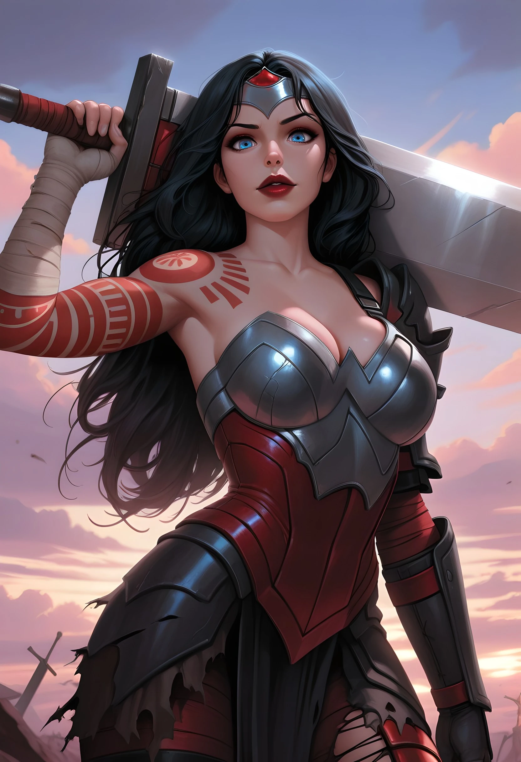 masterpiece, best quality, amazing quality, absurdres, AbsoWW, 1girl, weapon, solo, sword, armor, , black hair, blue eyes, long hair, cleavage, gloves, tattoo, torn clothes, lips, cloud, red lips, sky, sword over shoulder, holding weapon, tiara, holding, looking at viewer, weapon over shoulder, makeup, bandages, shoulders, lipstick, arm tattoo, tiara <lora:Absolute_Wonder_Woman:1.0>