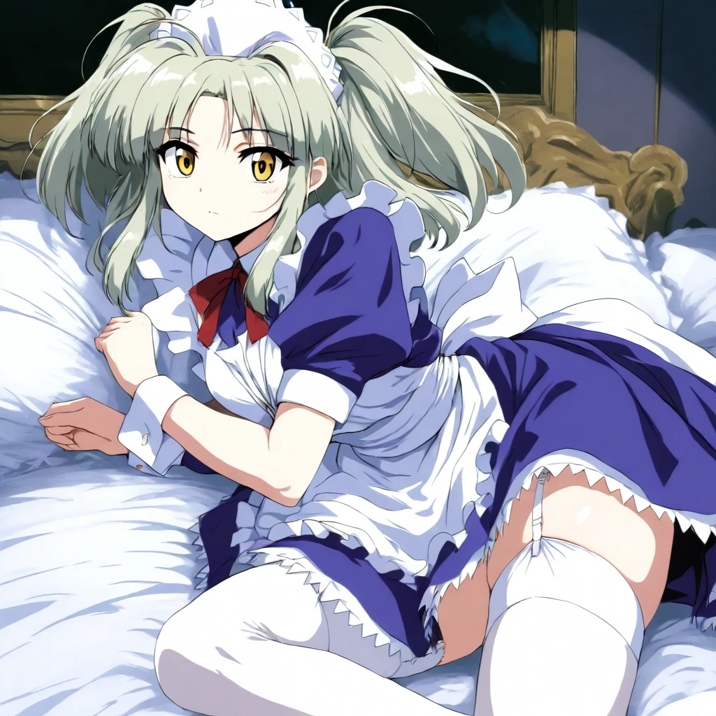 masterpiece,high score,great score,absurdres,solo,looking at viewer,<lora:MyleneTrantoul ag4o:1> mylenetrantoul, grey hair, two side up, yellow eyes,maid headdress,maid,apron,thighhighs,garter straps,