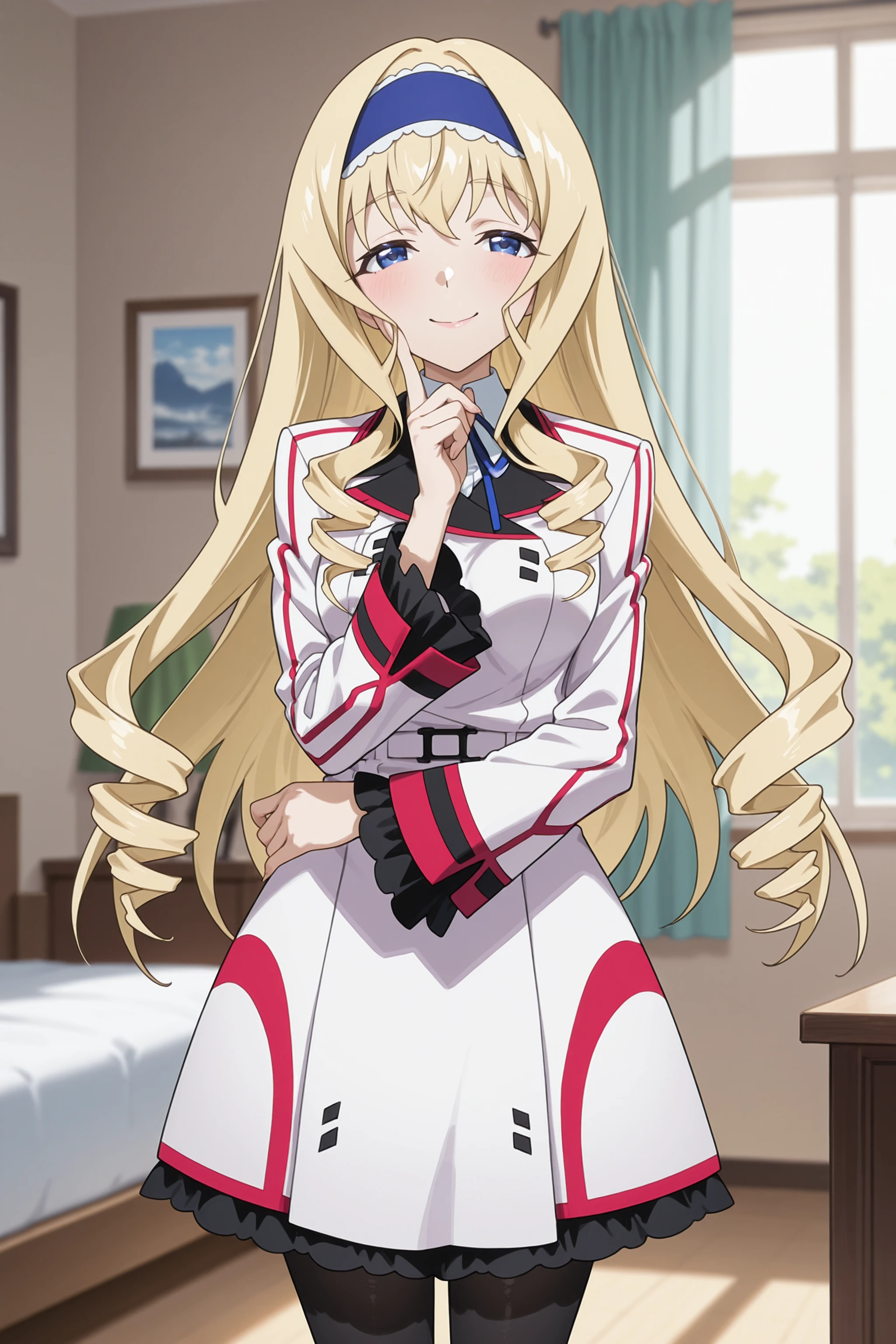 1girl, cecilia alcott, blue hairband, solo, blue neck ribbon, infinite stratos academy school uniform, black pantyhose, looking at viewer, seductive smile, ecstasy, gasping, finger to cheek, standing, cowboy shot, bedroom, indoors, blurry background <lora:Char-IS-Cecilia-V1-IL:0.9:hr=0.6>, (kanzaki hiro, konya karasue, mika pikazo, rella:0.6)
masterpiece, best quality, amazing quality, very aesthetic, absurdres, newest, (scenery, volumetric lighting)